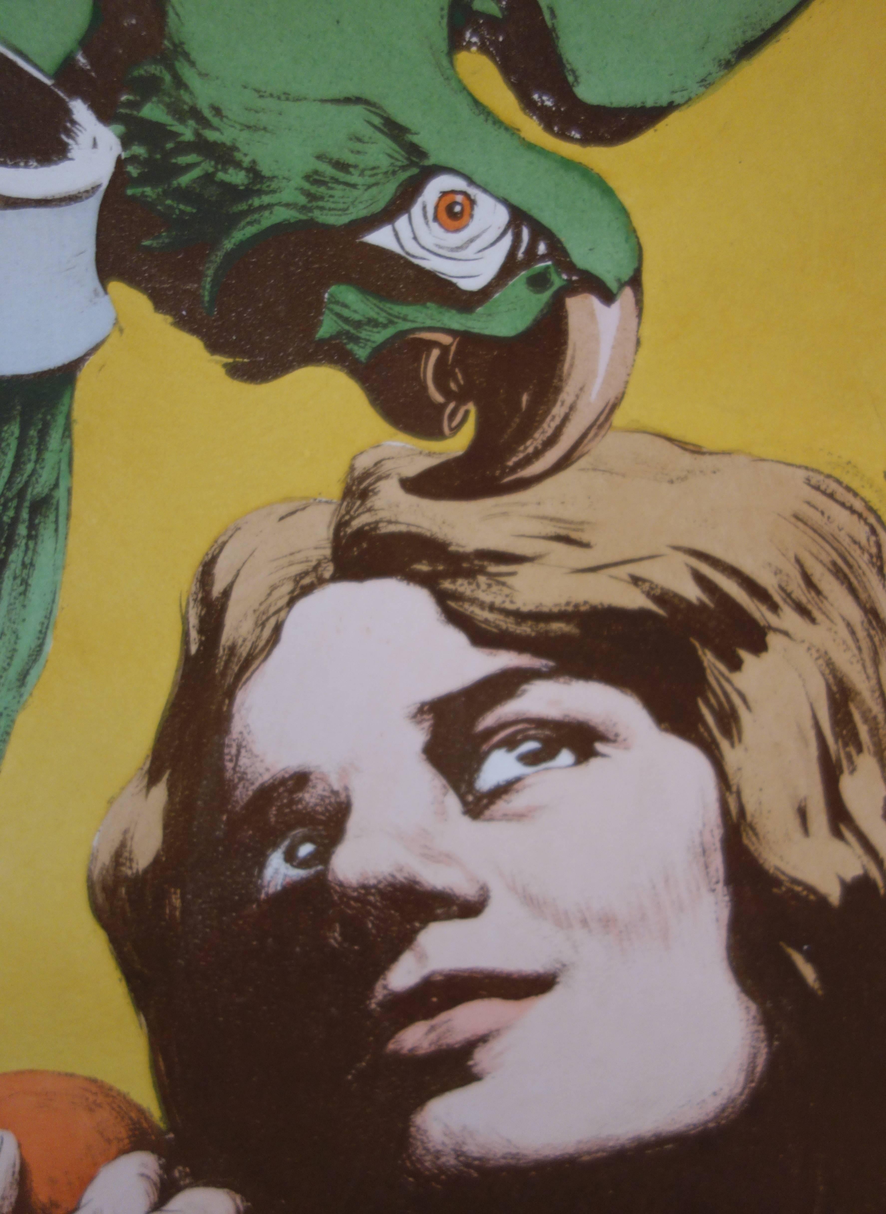 Woman with Parrot - Original lithograph - 1897 - Black Figurative Print by Angelo Jank