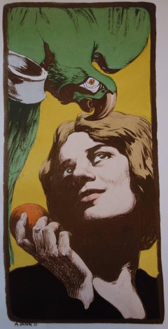 Antique Woman with Parrot - Original lithograph - 1897