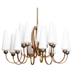 Angelo Leli For Arredoluce Brass Chandelier with Large White Murano Glass Vases