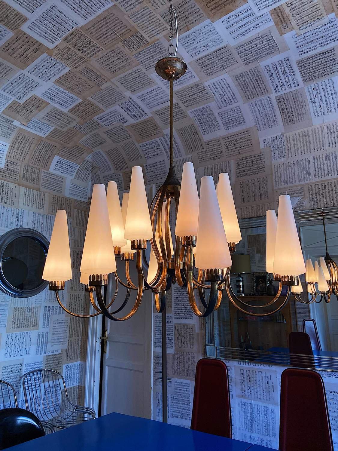 Angelo Leli for Arredoluce Lange Brass Chandelier with White Murano Glass Vases In Good Condition For Sale In Palermo, PA