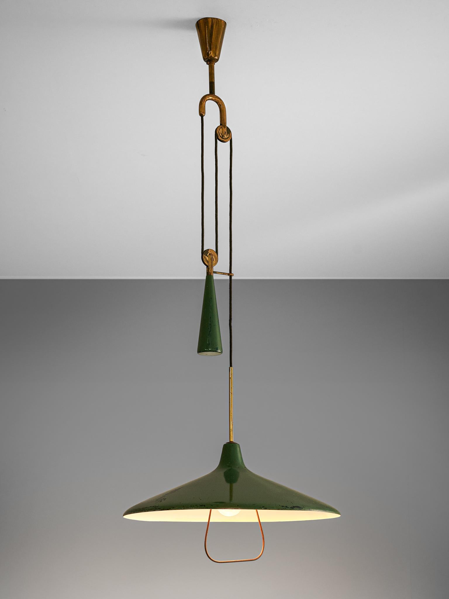 Angelo Lelii for Arredoluce, ceiling lamp model 12126, metal and brass, Italy, 1947.

A pendant by Angelo Lelii containing an inventive latch system with a counterweight. The system makes it possible hang the pendant on any desirable height. The