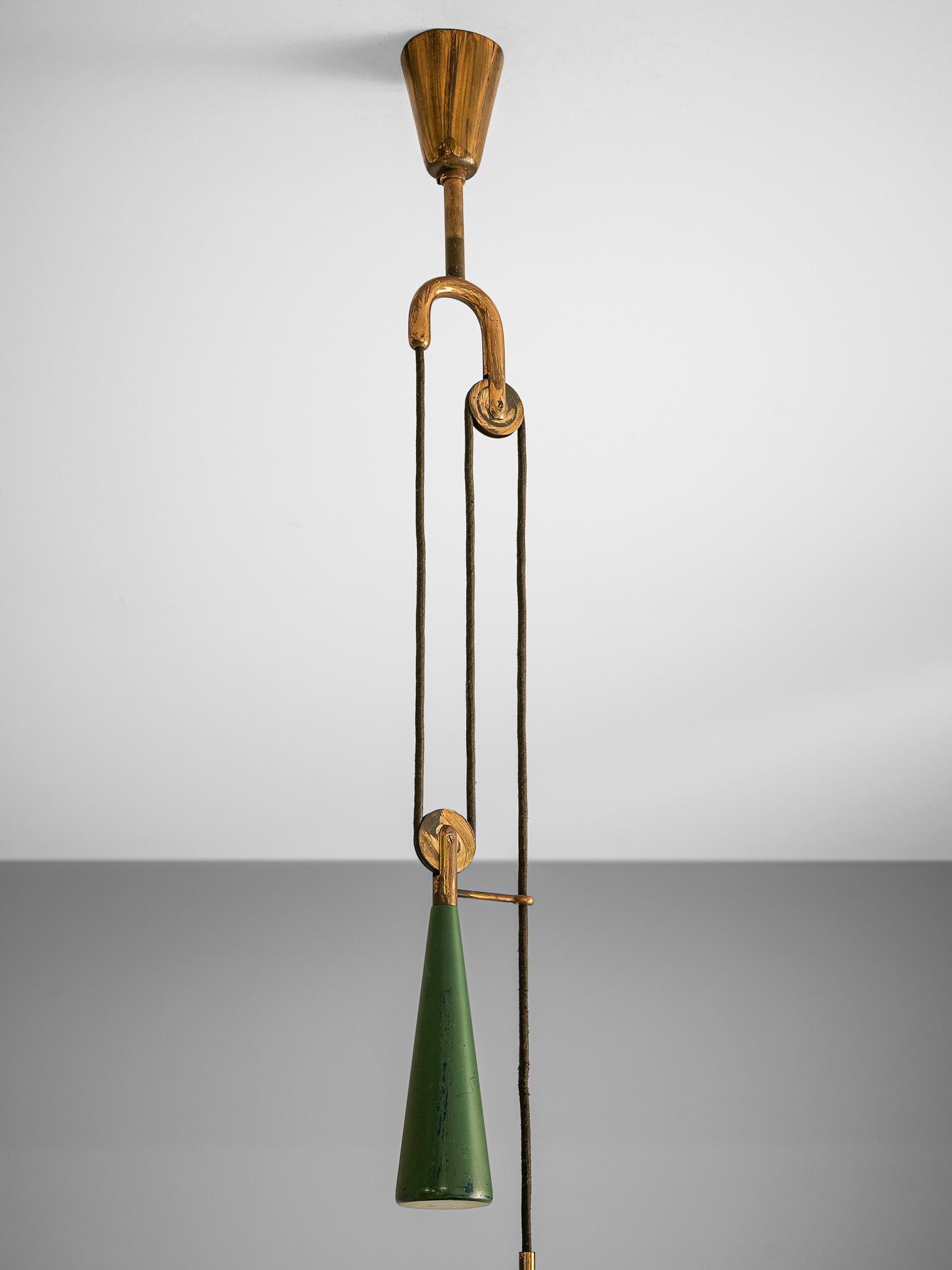 Mid-Century Modern Angelo Lelii '12126' Pendant in Brass and Green Aluminum