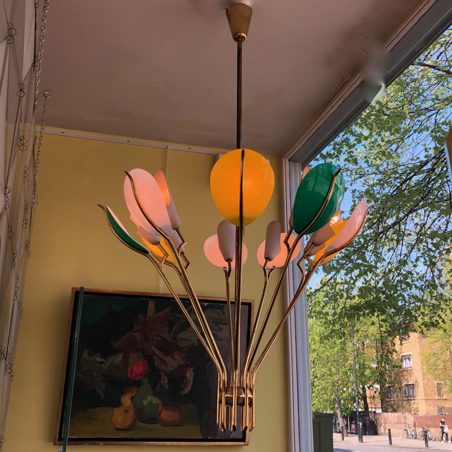 Mid-Century Modern Angelo Lelii 1950s Brass Chandelier, Yellow, Green and White Shades, Arredoluce