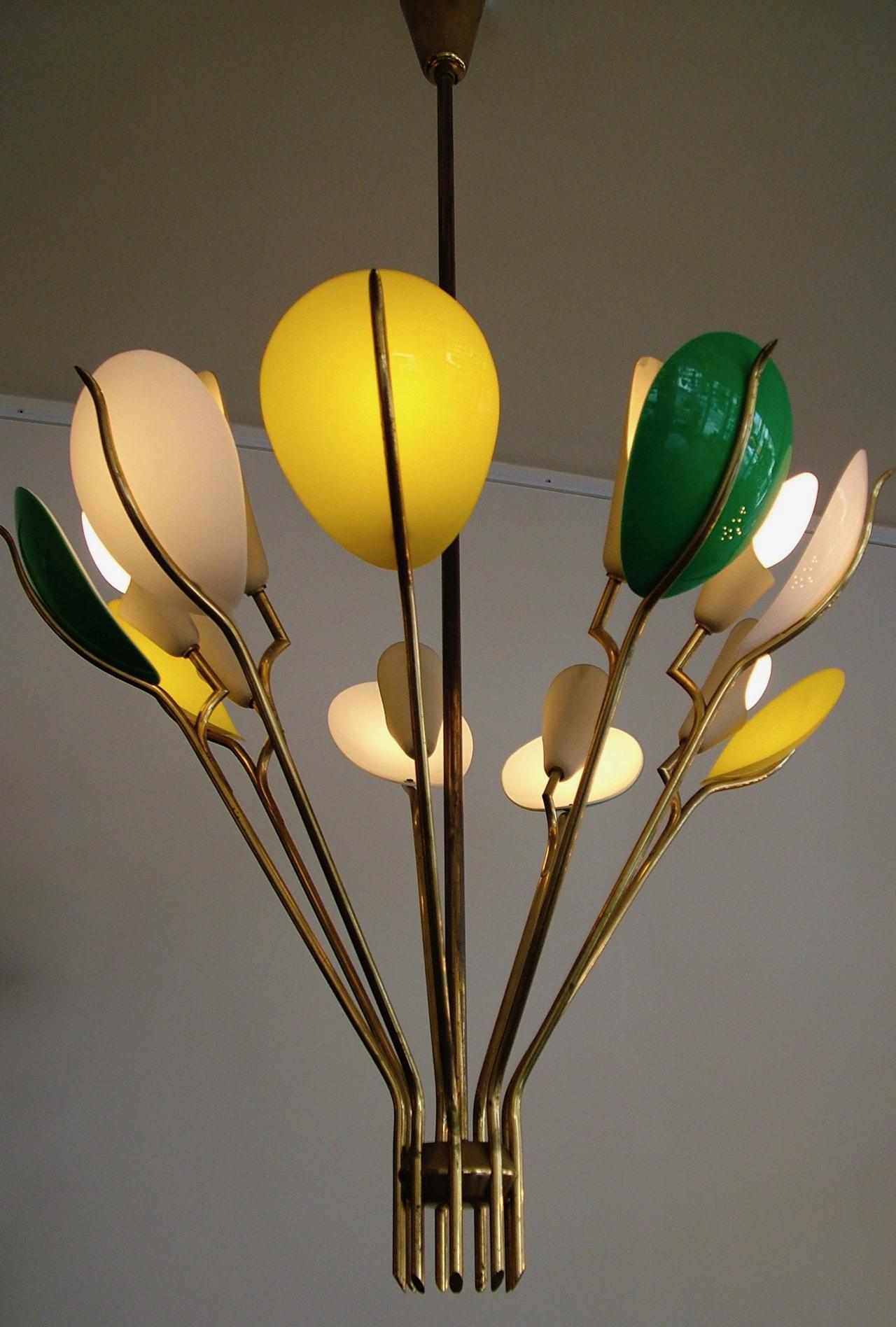 20th Century Angelo Lelii 1950s Brass Chandelier, Yellow, Green and White Shades, Arredoluce