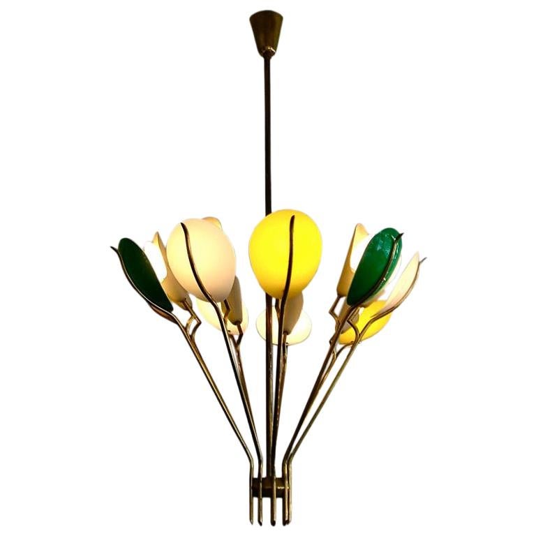 Angelo Lelii 1950s Brass Chandelier, Yellow, Green and White Shades, Arredoluce