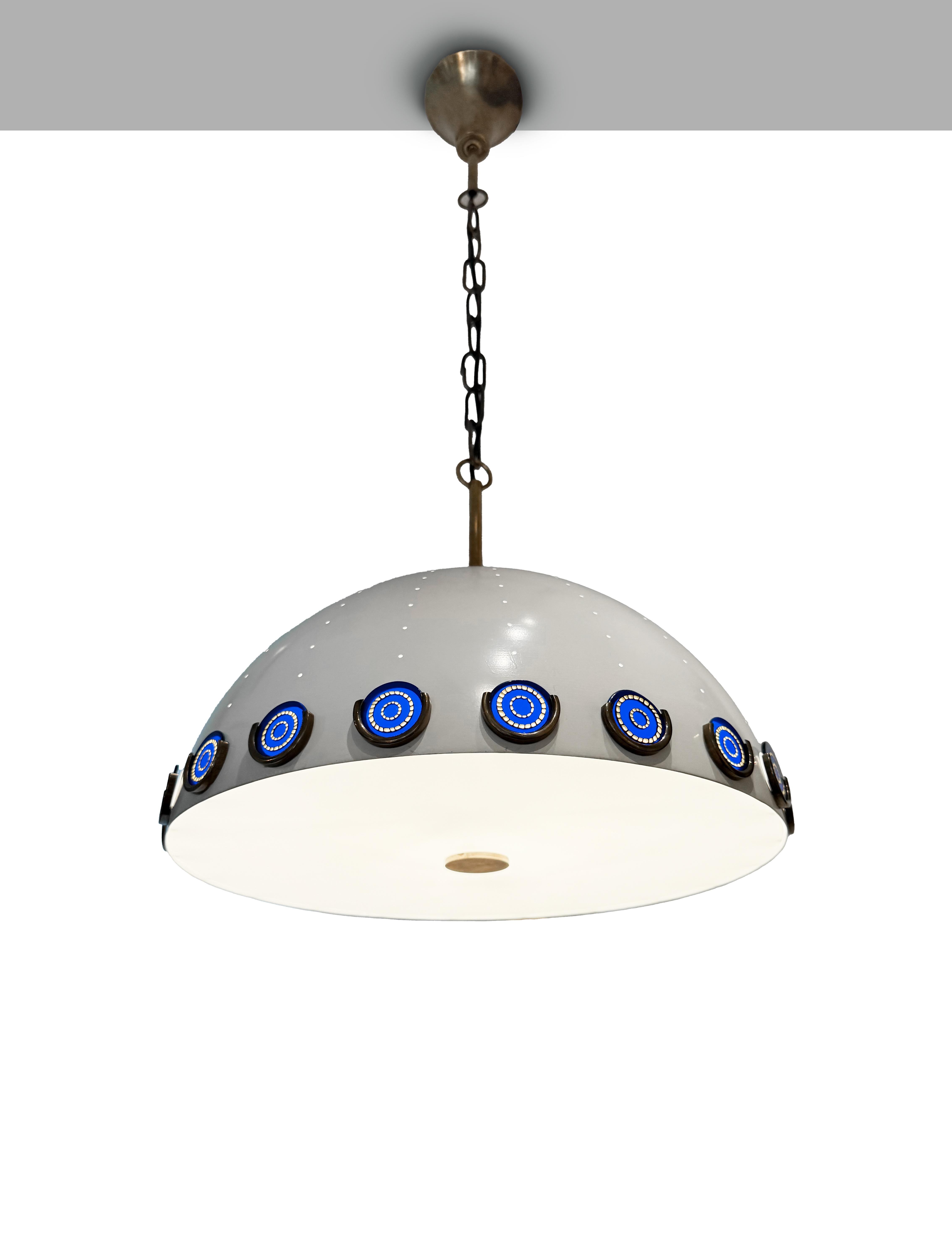 Mid-Century moderno Angelo Lelii 1960 Pendant Light Ottone Laccato Alluminio Murine Bianco Blu Rosso in vendita