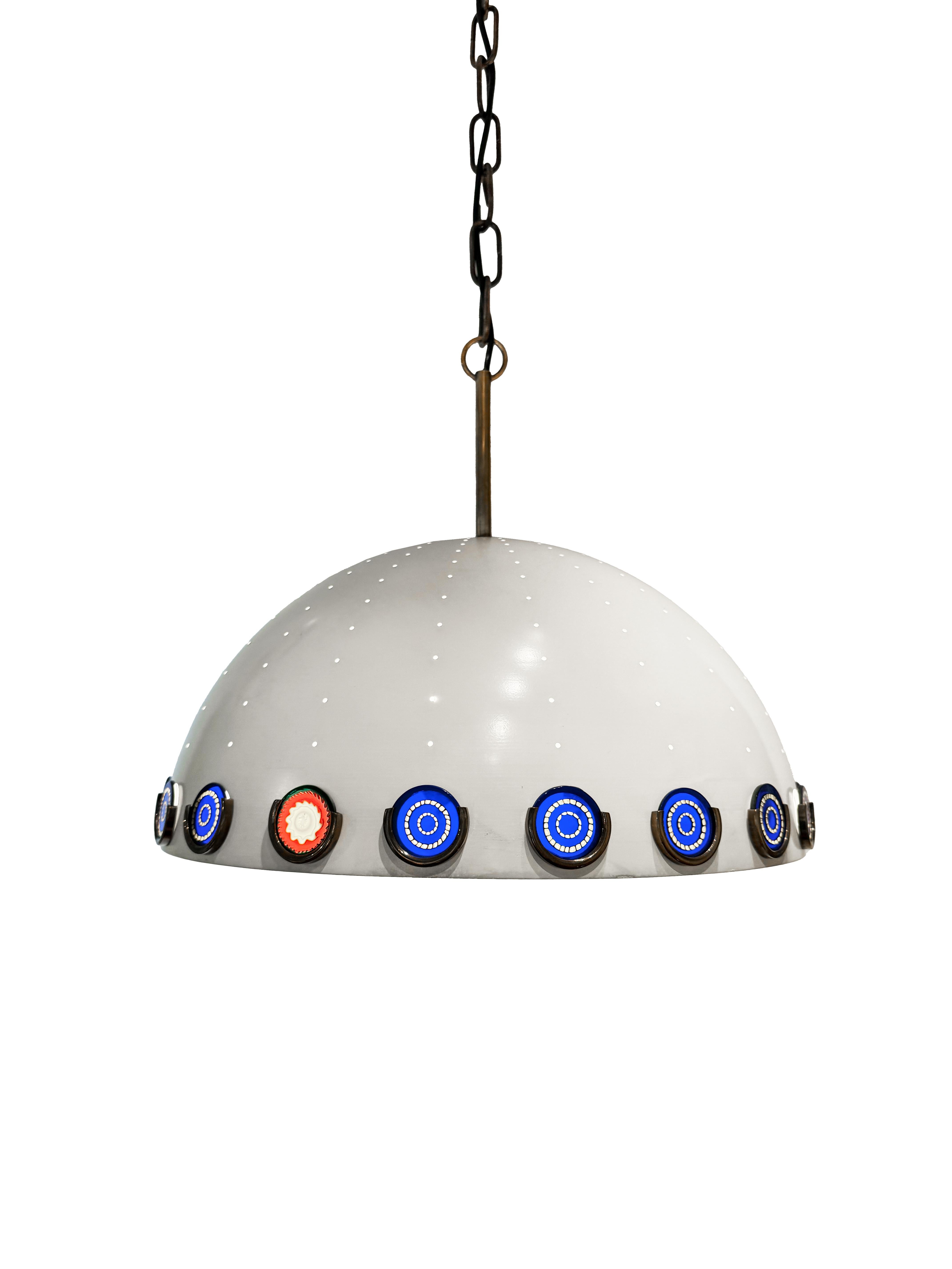 Italiano Angelo Lelii 1960 Pendant Light Ottone Laccato Alluminio Murine Bianco Blu Rosso in vendita