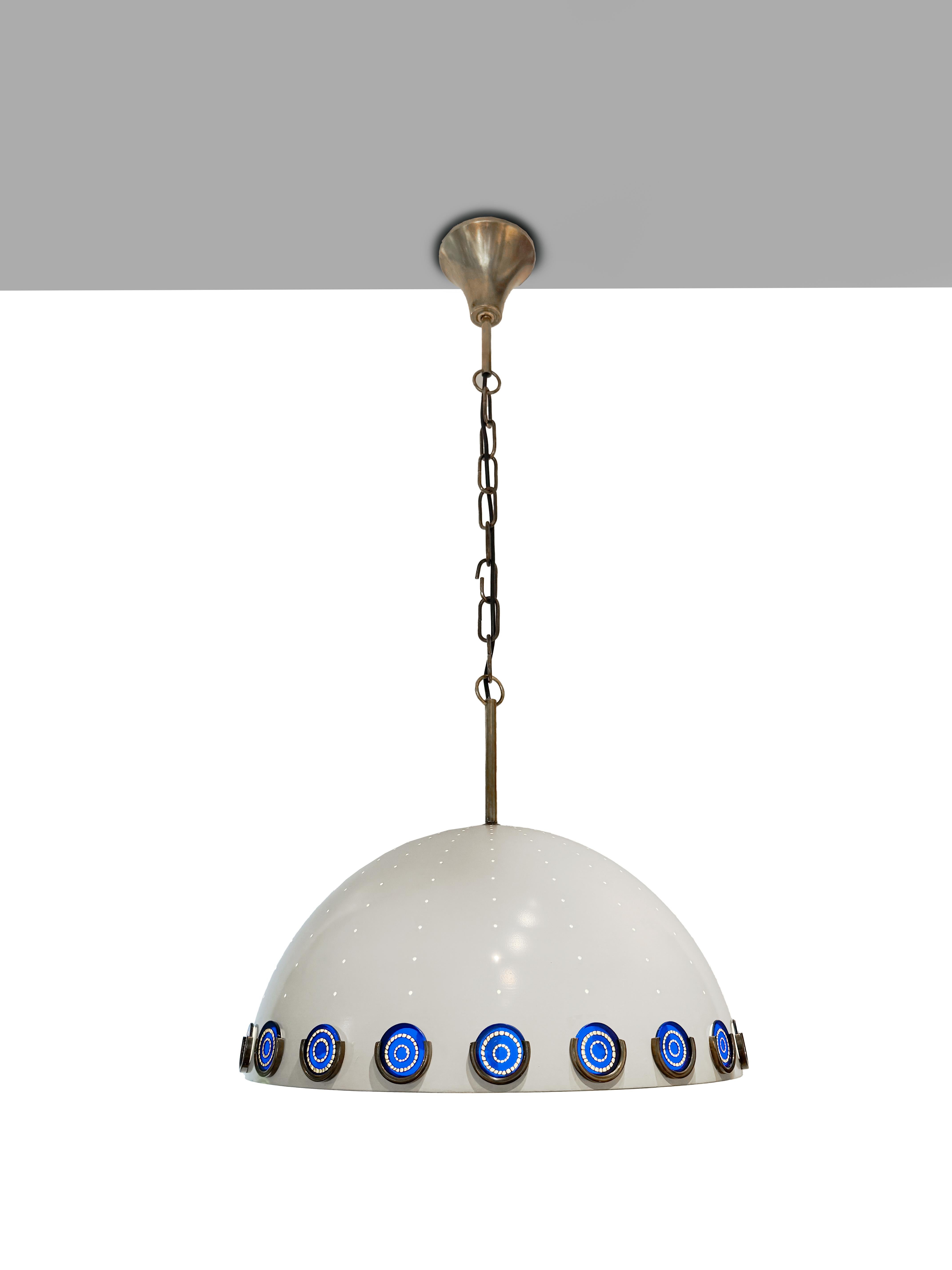 Metà XX secolo Angelo Lelii 1960 Pendant Light Ottone Laccato Alluminio Murine Bianco Blu Rosso in vendita