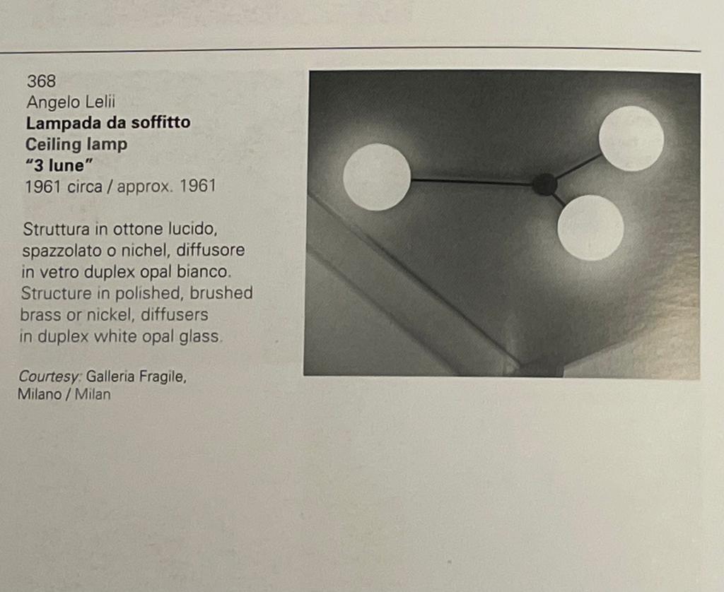 Mid-20th Century Angelo Lelii Arredoluce 3 Lune Ceiling Lamp Brass Opal White Glass, Italy, 1961