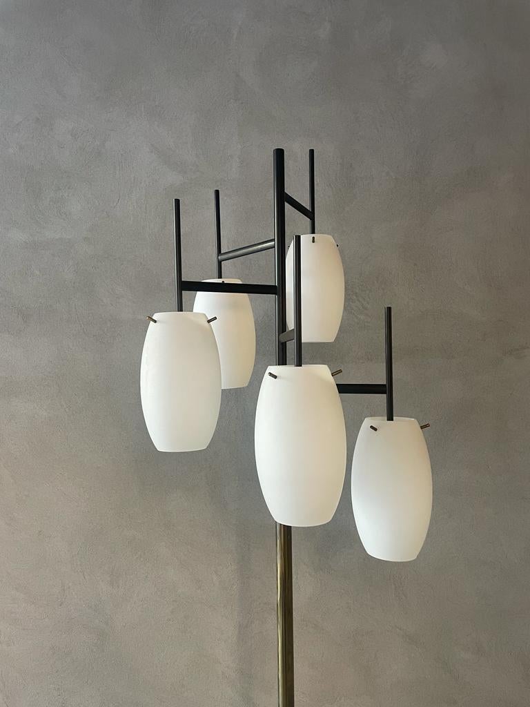 Mid-20th Century Angelo Lelii Arredoluce Brass Opaline Glass Marble Floor Lamp Italy 1950s