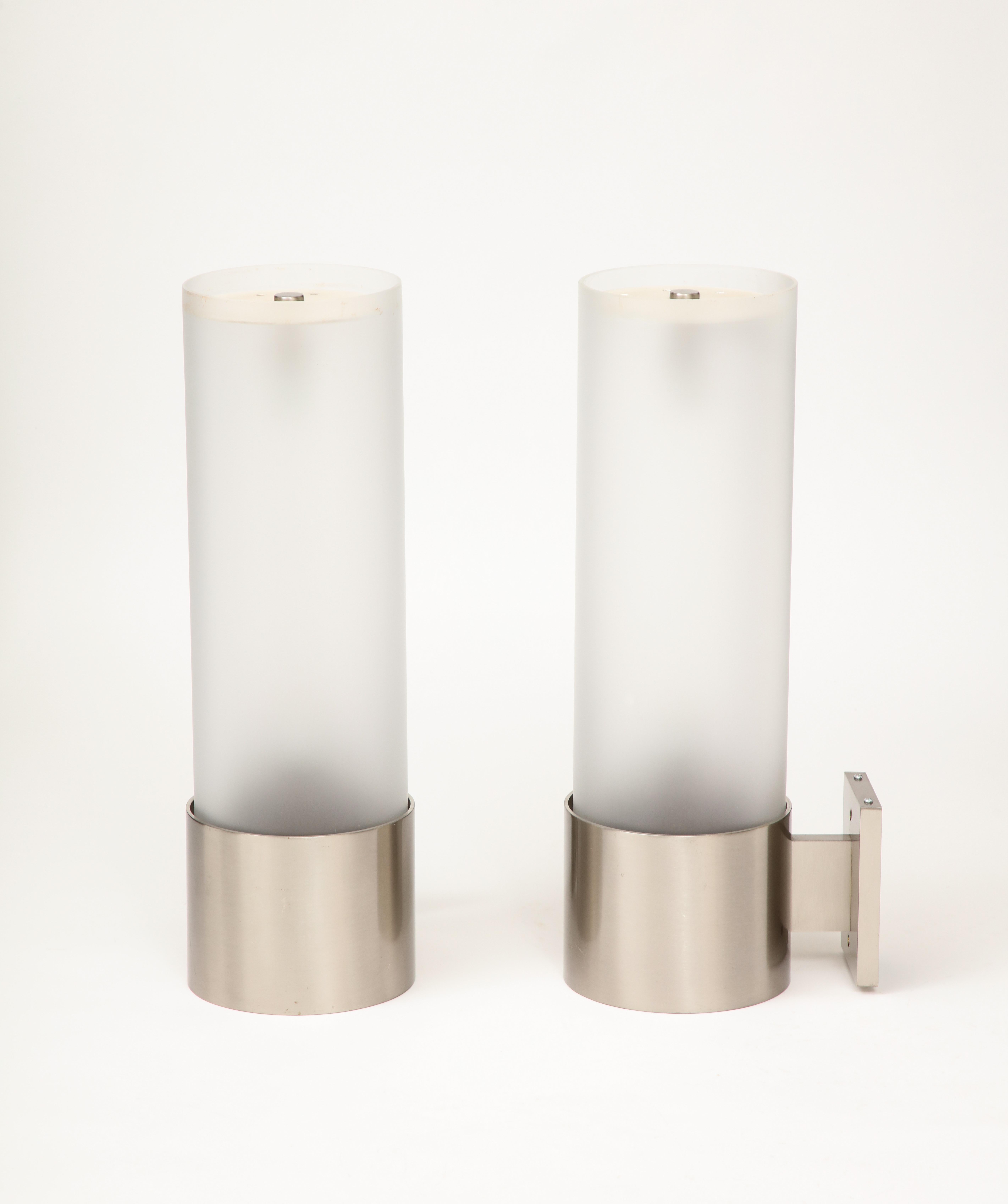 Mid-20th Century Angelo Lelii Arredoluce LargeNickel & Frosted Opaline Glass Sconces, Italy, 1964 For Sale