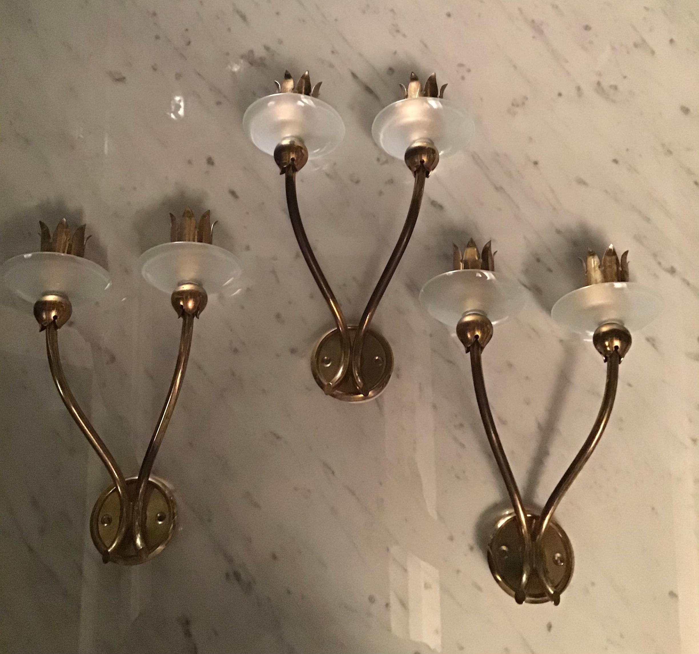 Angelo Lelii Arredoluce N 3 Apliques Latón Vidrio 1950 Italia en venta 7