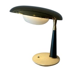Vintage Angelo Lelii Arredoluce Table Lamp Brass Aluminum Green Leather, Italy, 1956