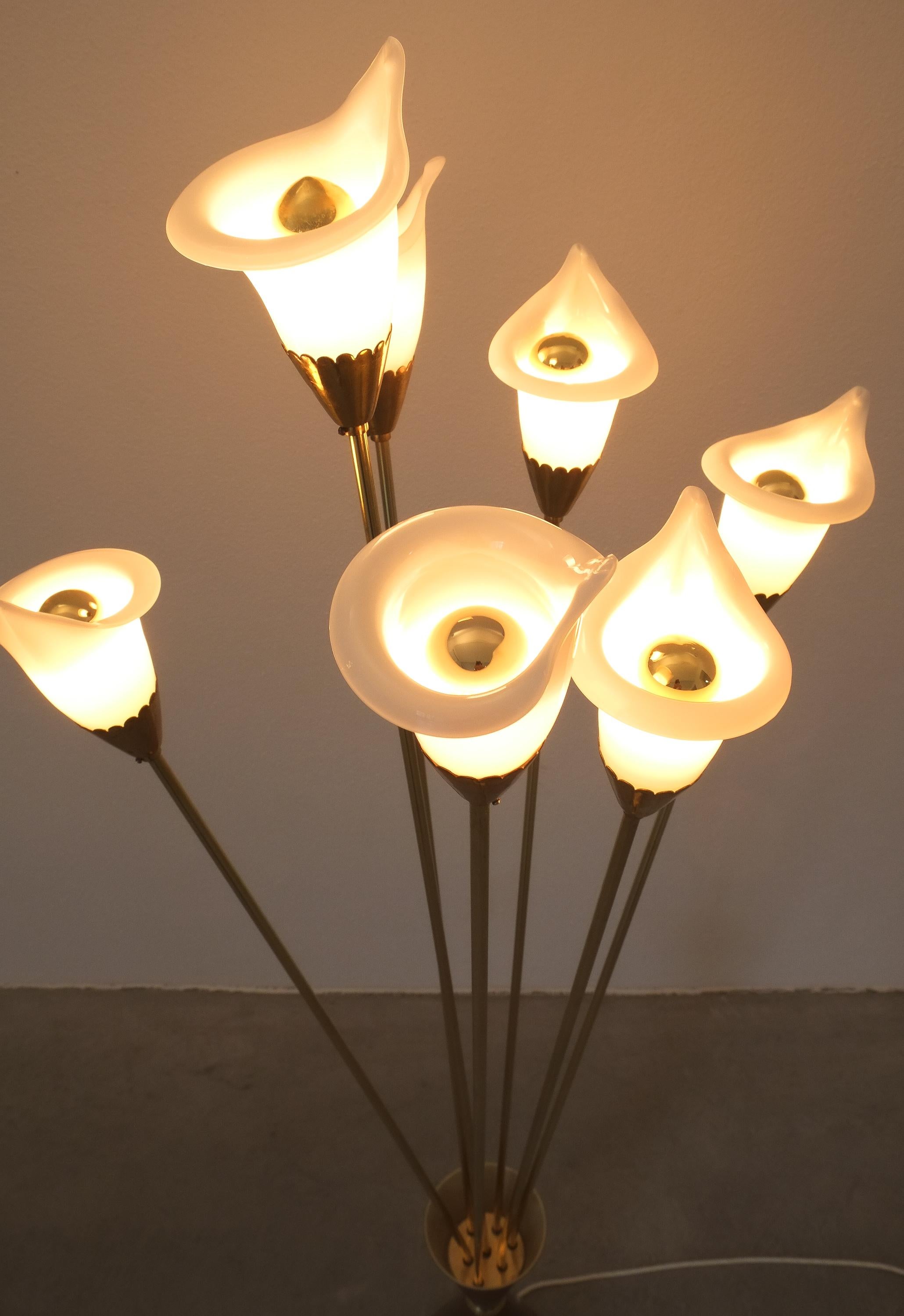 Italian Angelo Lelii Calla Floor Lamp Glass Brass, Midcentury, Italy, Refurbished For Sale