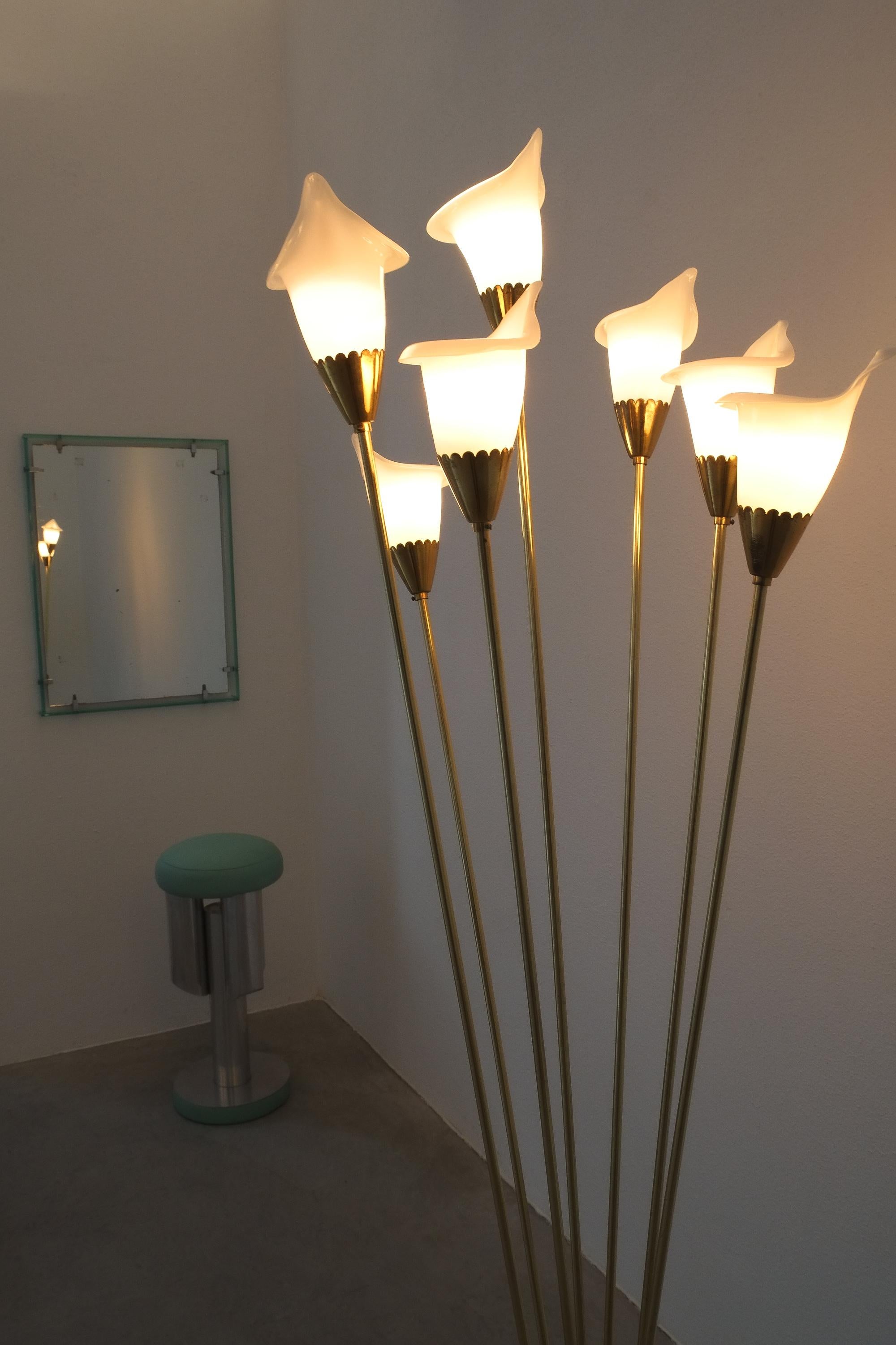 Polished Angelo Lelii Calla Floor Lamp Glass Brass, Midcentury, Italy, Refurbished For Sale