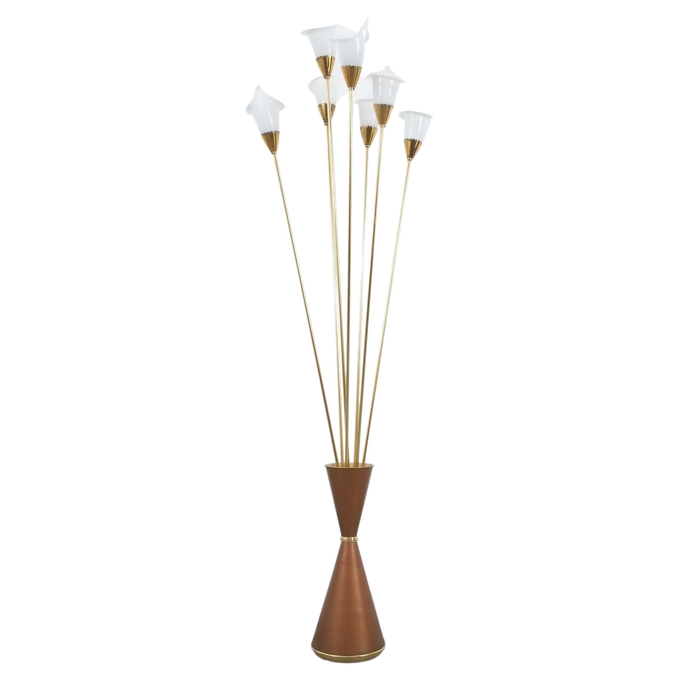 Angelo Lelii Calla Floor Lamp Glass Brass, Midcentury, Italy, Refurbished For Sale