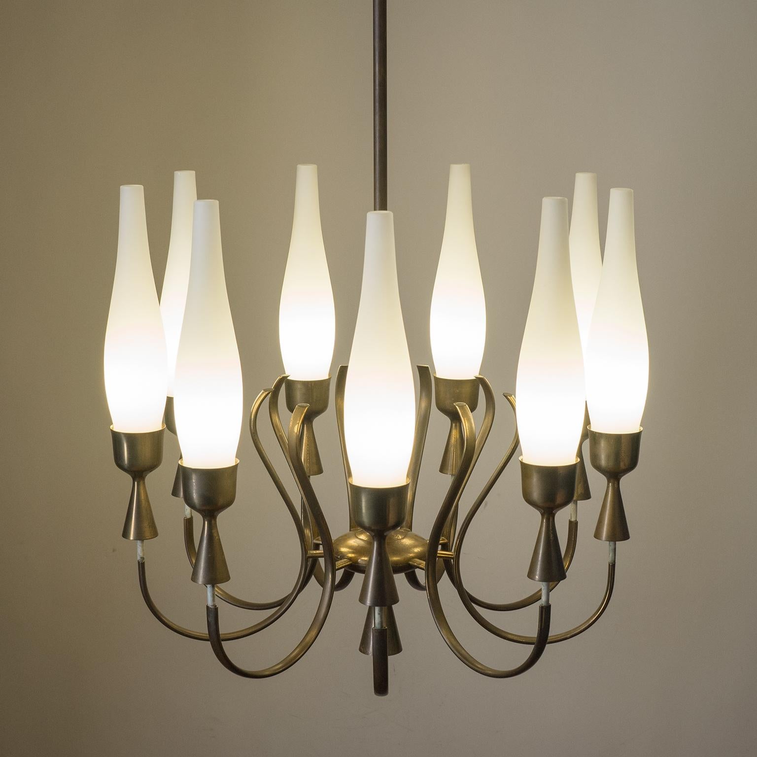 Angelo Lelii Chandelier, 1957, Satin Glass and Brass 7