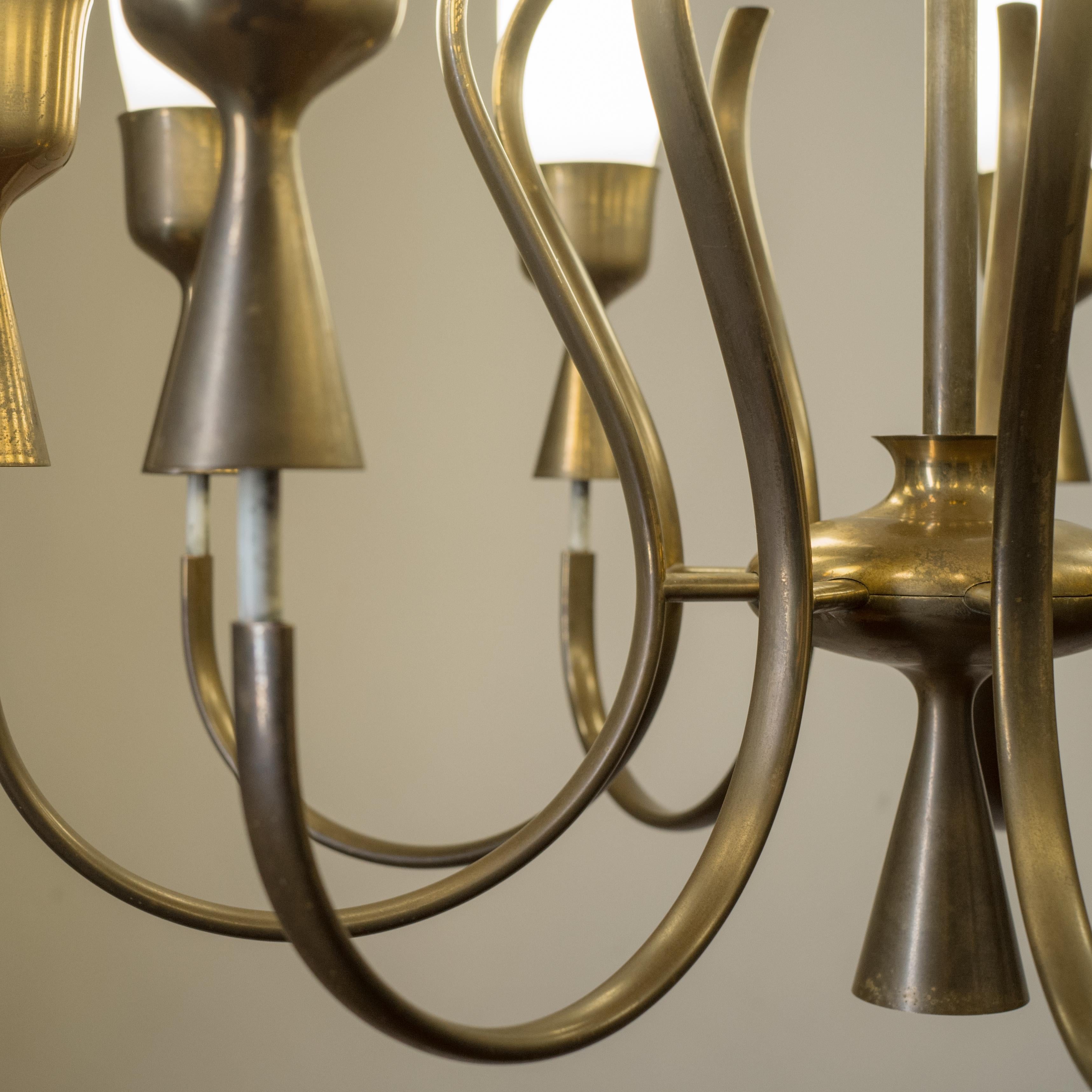 Angelo Lelii Chandelier, 1957, Satin Glass and Brass 11