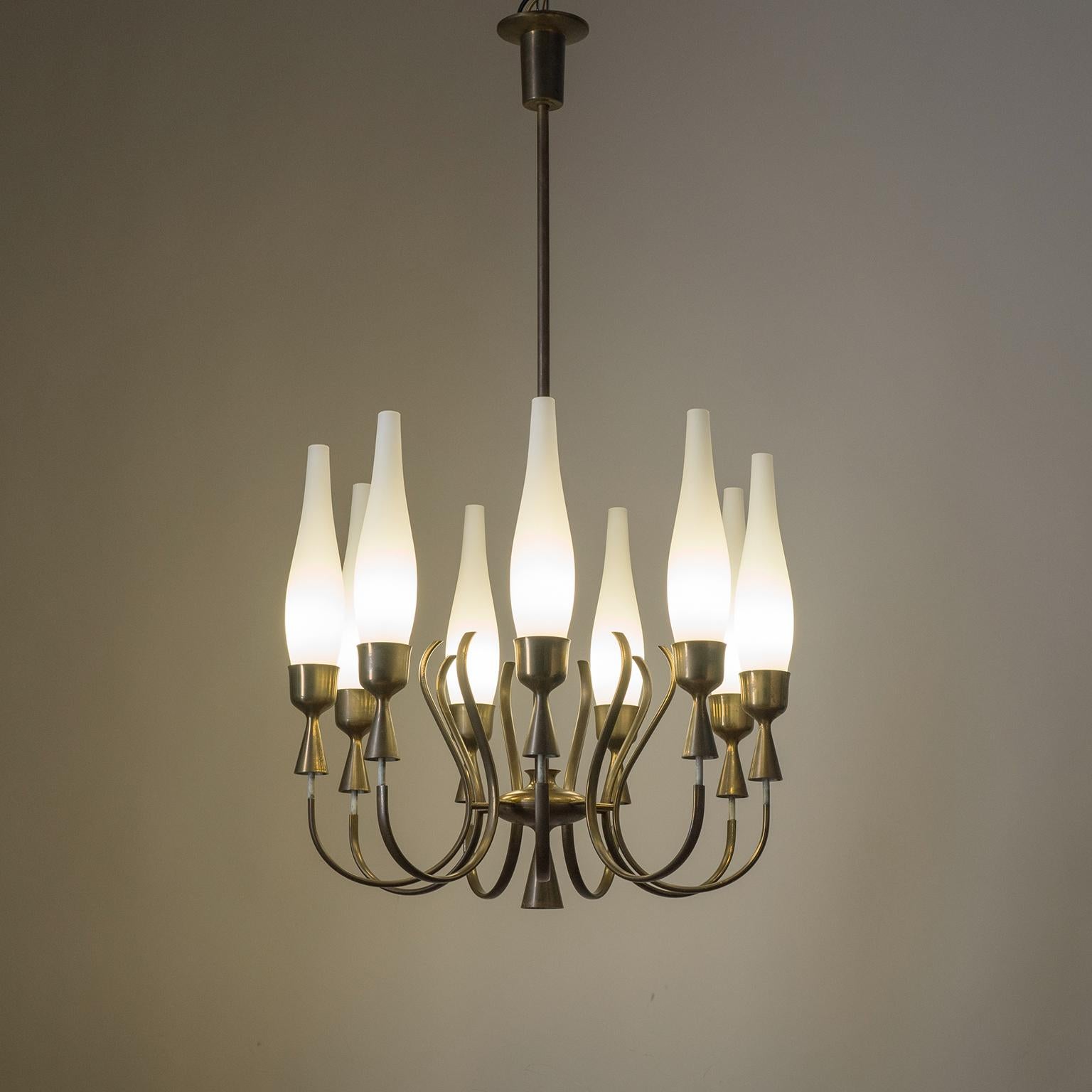 Angelo Lelii Chandelier, 1957, Satin Glass and Brass 12