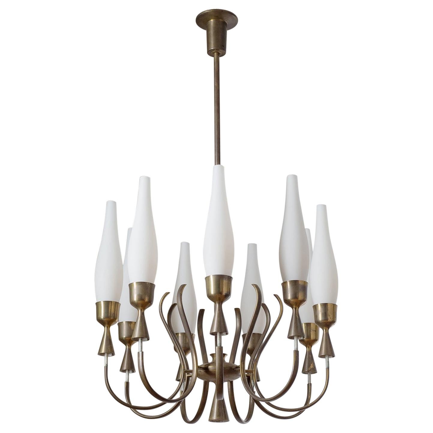 Angelo Lelii Chandelier, 1957, Satin Glass and Brass