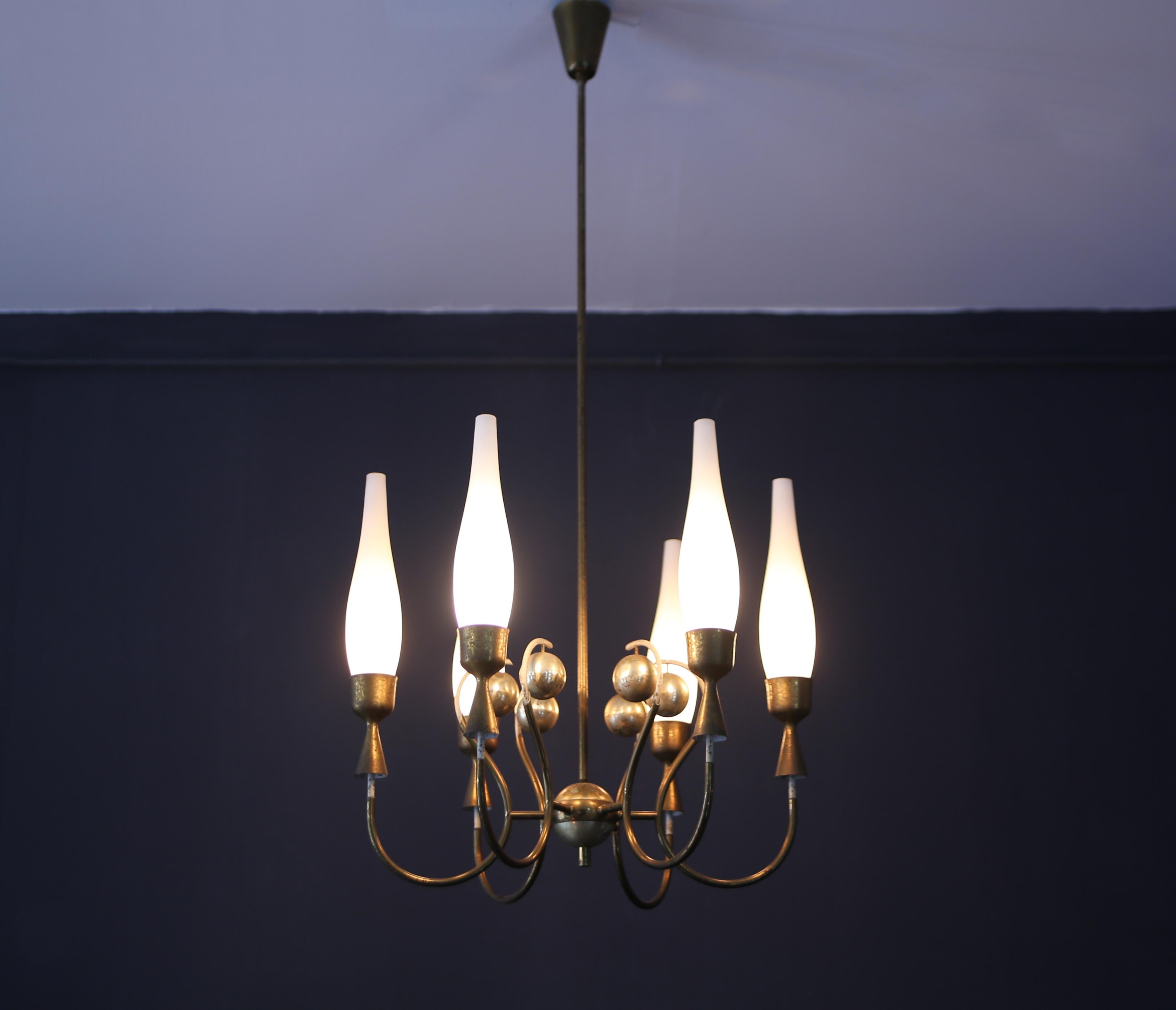 Other Angelo Lelii  chandelier with opaline glass diffusers. Model 12614 For Sale