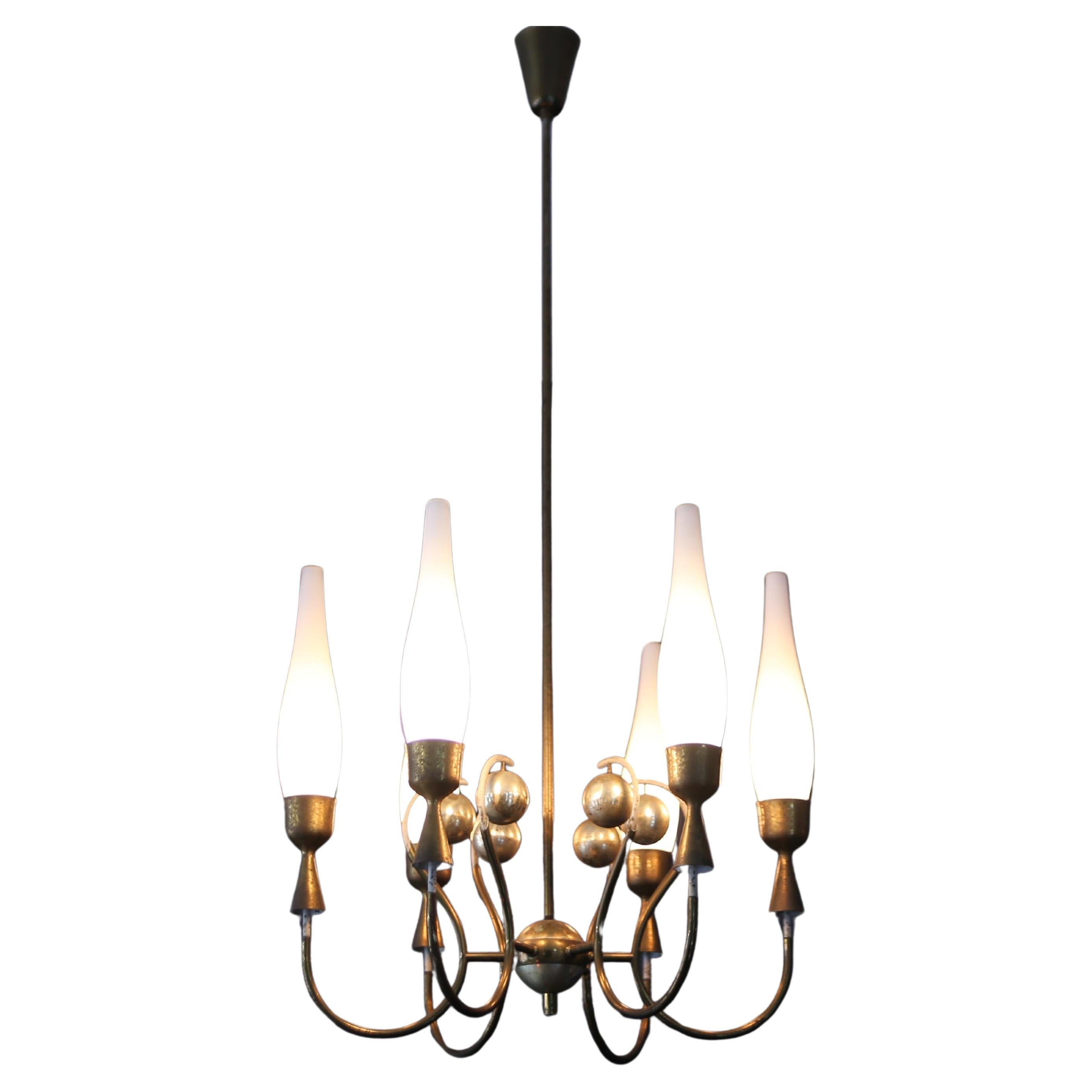 Angelo Lelii  chandelier with opaline glass diffusers. Model 12614 For Sale