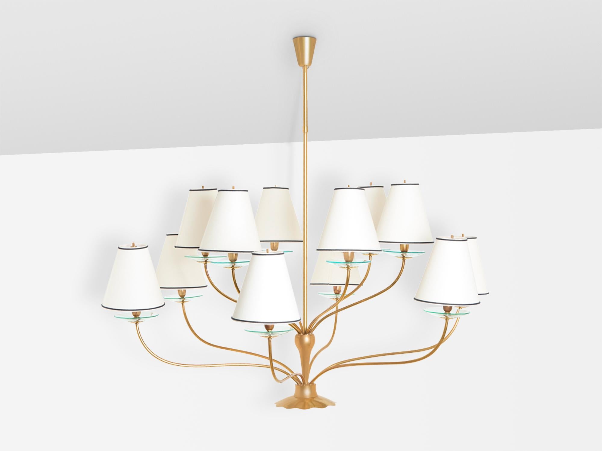 Angelo Lelii for Arredoluce brass crystal glass chandelier 1940 For Sale 3
