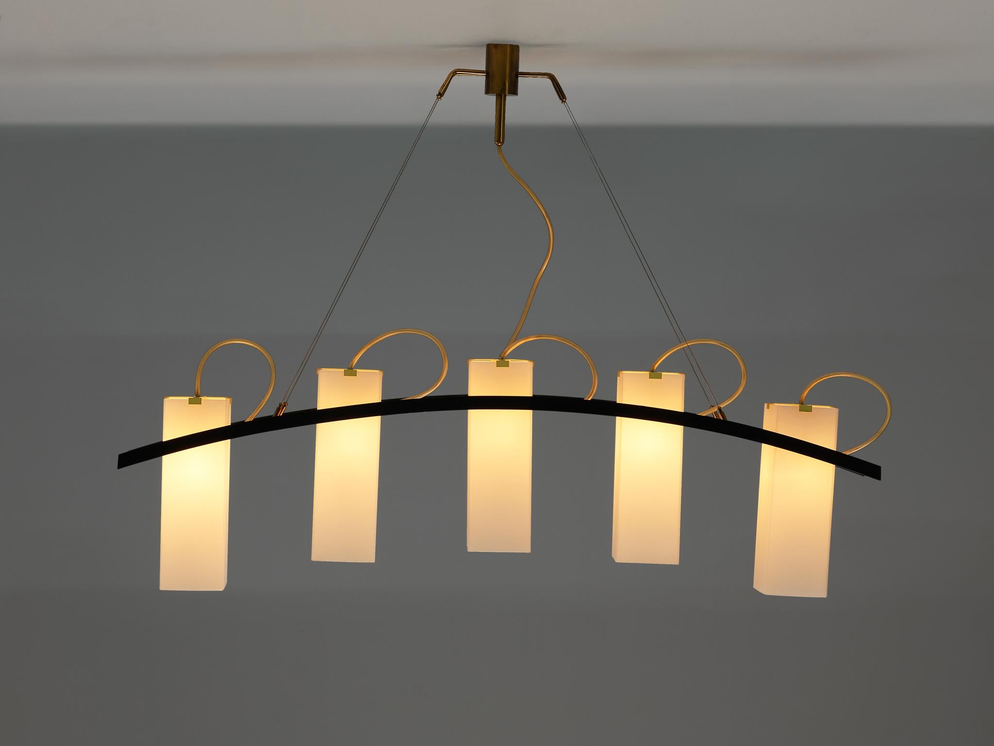 Italian Angelo Lelii for Arredoluce Chandelier '12701' in Brass and Opaline Glass For Sale