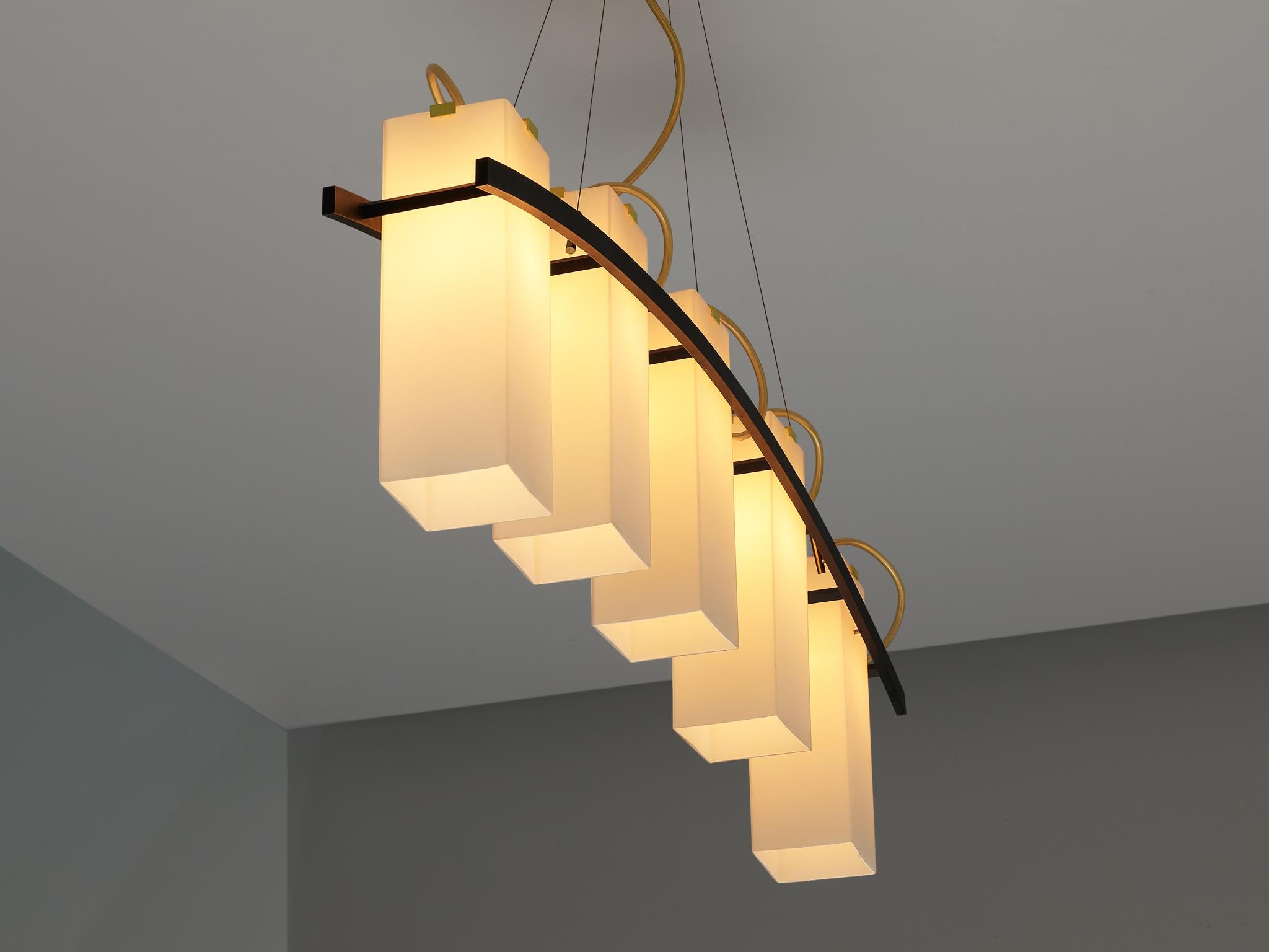 Angelo Lelii for Arredoluce Chandelier '12701' in Brass and Opaline Glass In Good Condition For Sale In Waalwijk, NL