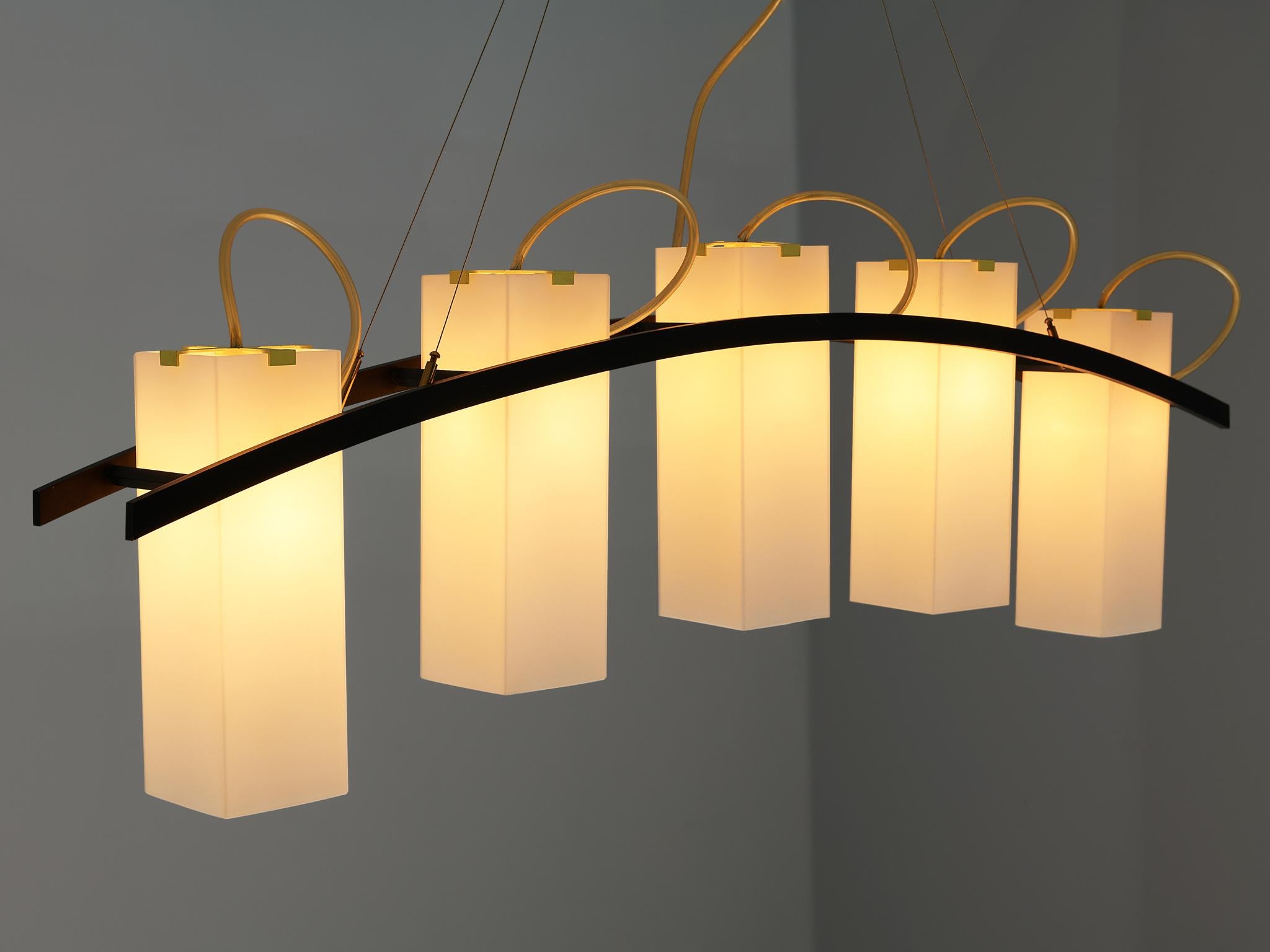 Mid-20th Century Angelo Lelii for Arredoluce Chandelier '12701' in Brass and Opaline Glass For Sale