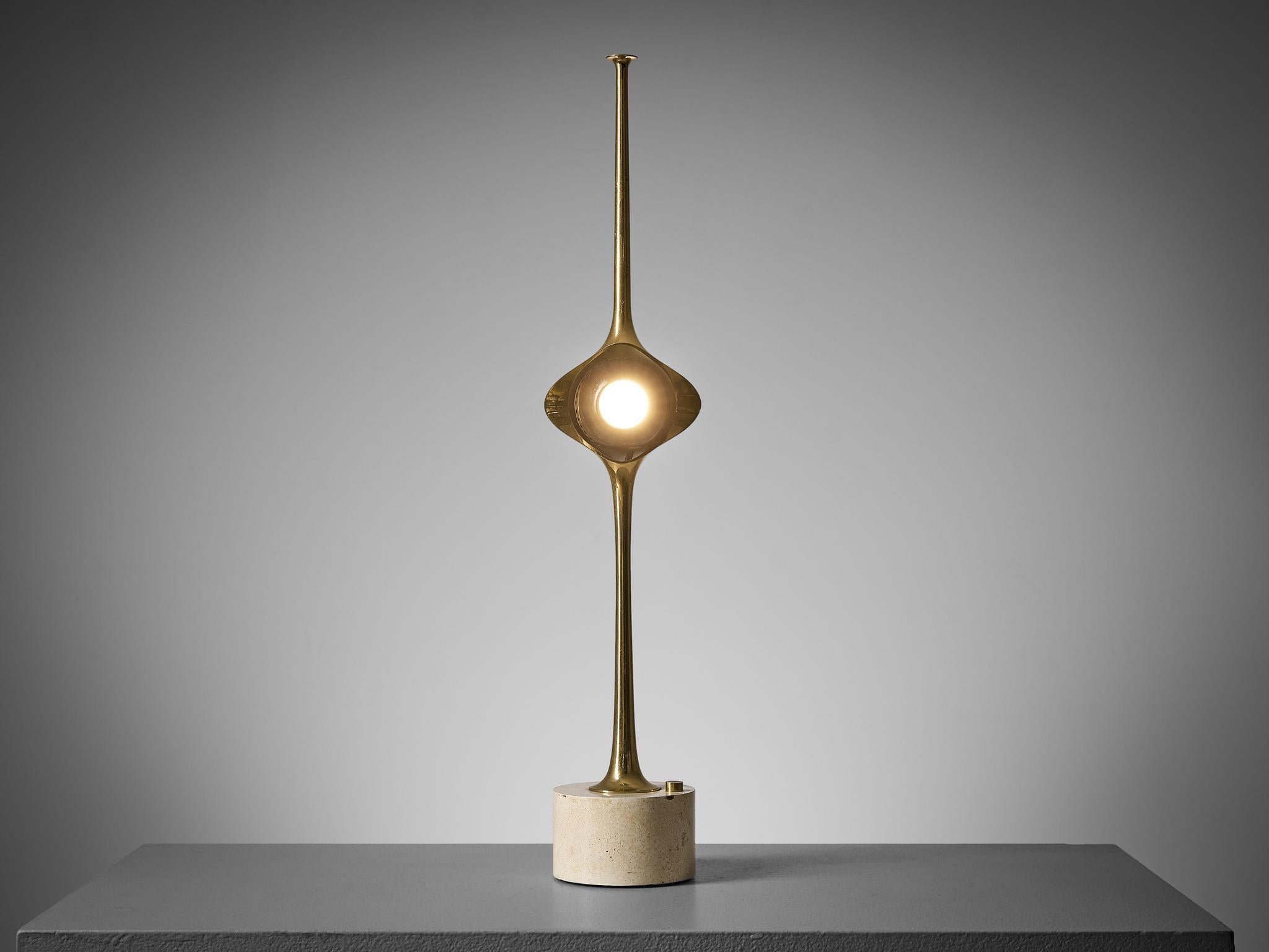 Angelo Lelli for Arredoluce, ‘Cobra’ table lamp model ‘12919’, brass, iron, steel, Italy, 1962. 

This outstanding table lamp model ‘12919’ known as ‘il Cobra’ is designed by Italian designer Angelo Lelii (1911-1979) for Arredoluce in 1962. In