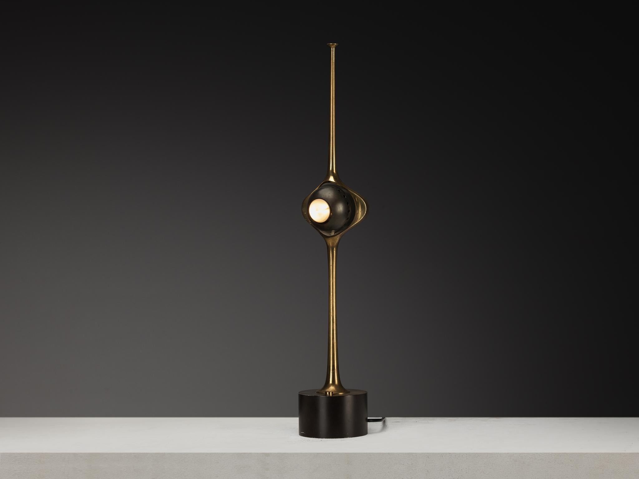 Angelo Lelii for Arredoluce, ‘Cobra’ table lamp, model ‘12919’, brass, iron, coated steel, Italy, circa 1962 

This outstanding table lamp model ‘12919’ known as ‘il Cobra’ by Arredoluce workers, is designed by Italian designer Angelo Lelii