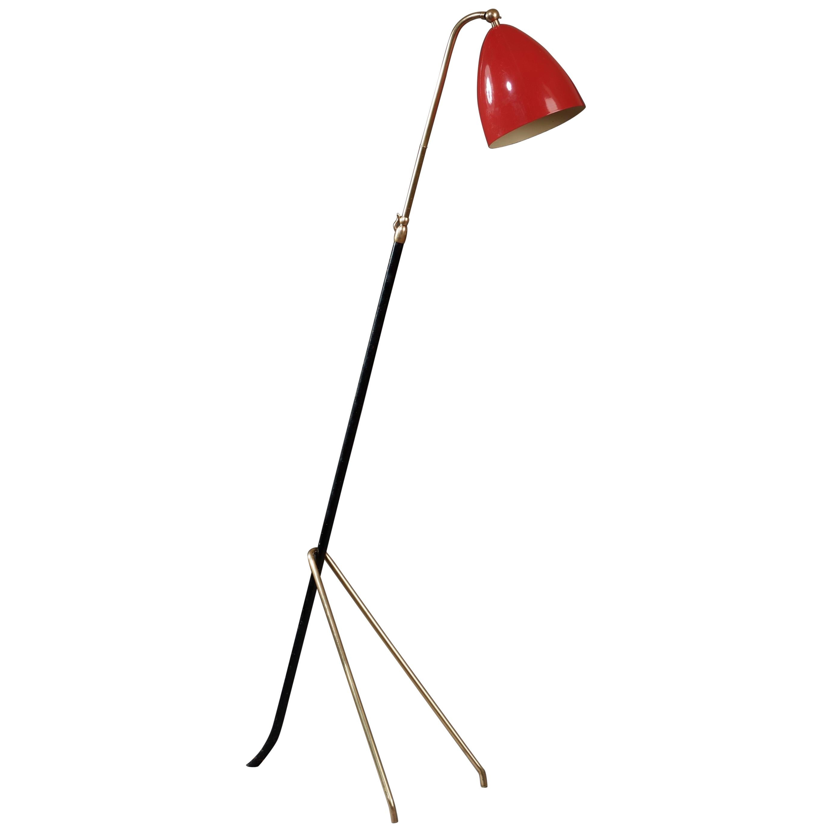 Angelo Lelii for Arredoluce Extendable Height Floor Lamp in Brass, Red Lacquer For Sale