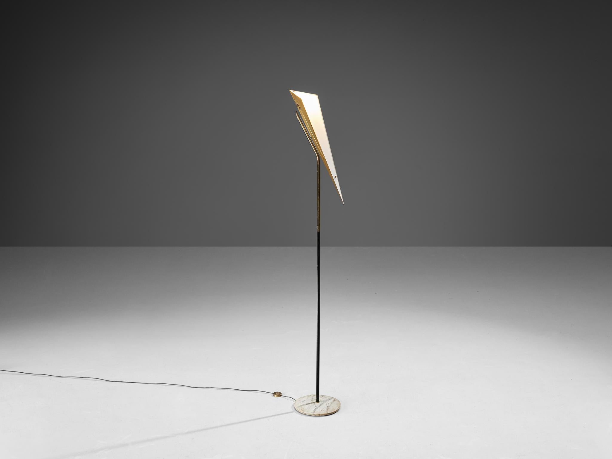 Angelo Lelii for Arredoluce, floor lamp, similar to model '12772', brass, enameled brass, enameled aluminum, duplex white opal glass, Carrara marble, Italy, late 1950s 

With its exquisite form, masterful use of materials, harmonious composition,