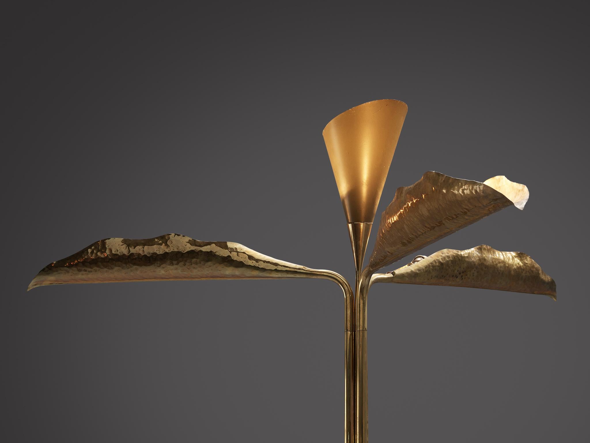 Italian Angelo Lelii for Arredoluce Floor Lamp with Leaves in Hammered Brass