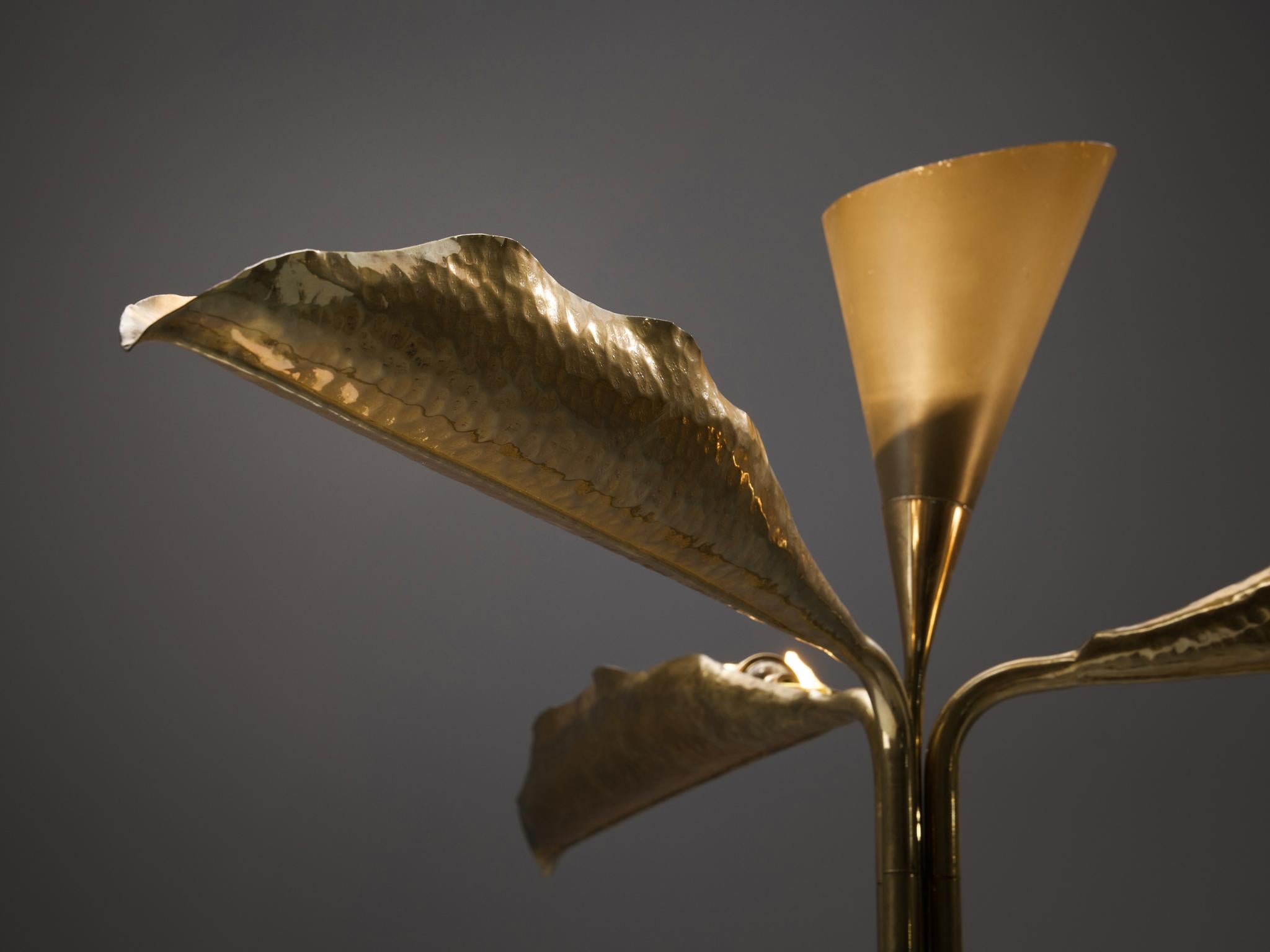 Aluminum Angelo Lelii for Arredoluce Floor Lamp with Leaves in Hammered Brass
