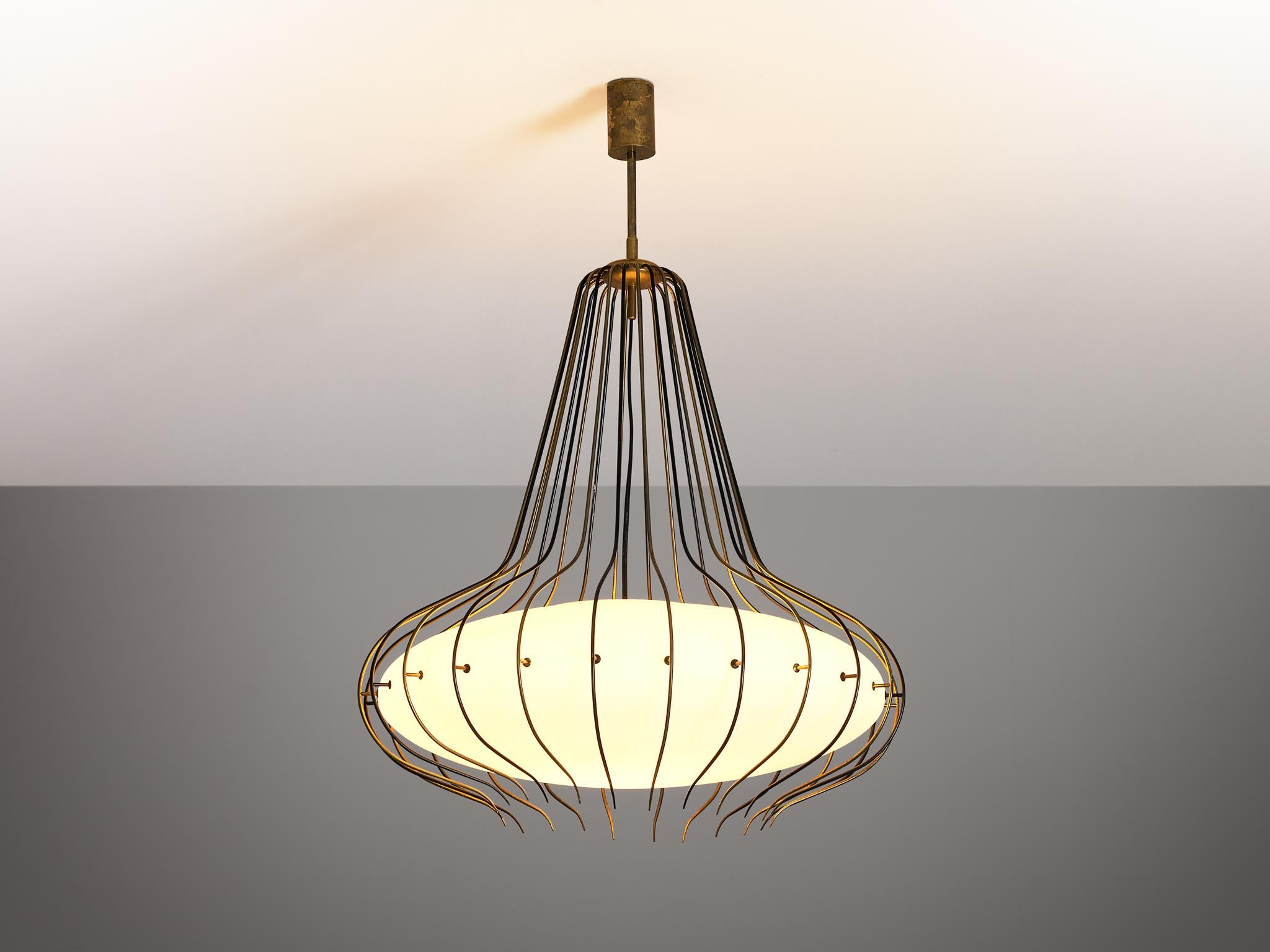 Angelo Lelii for Arredoluce 'Medusa' chandelier, model '12699', coated polished brass, polished brass, duplex white opal glass, Italy, circa 1958 

This rare ceiling light, designed by Angelo Lelii for Arredoluce in Italy around 1958, is a true