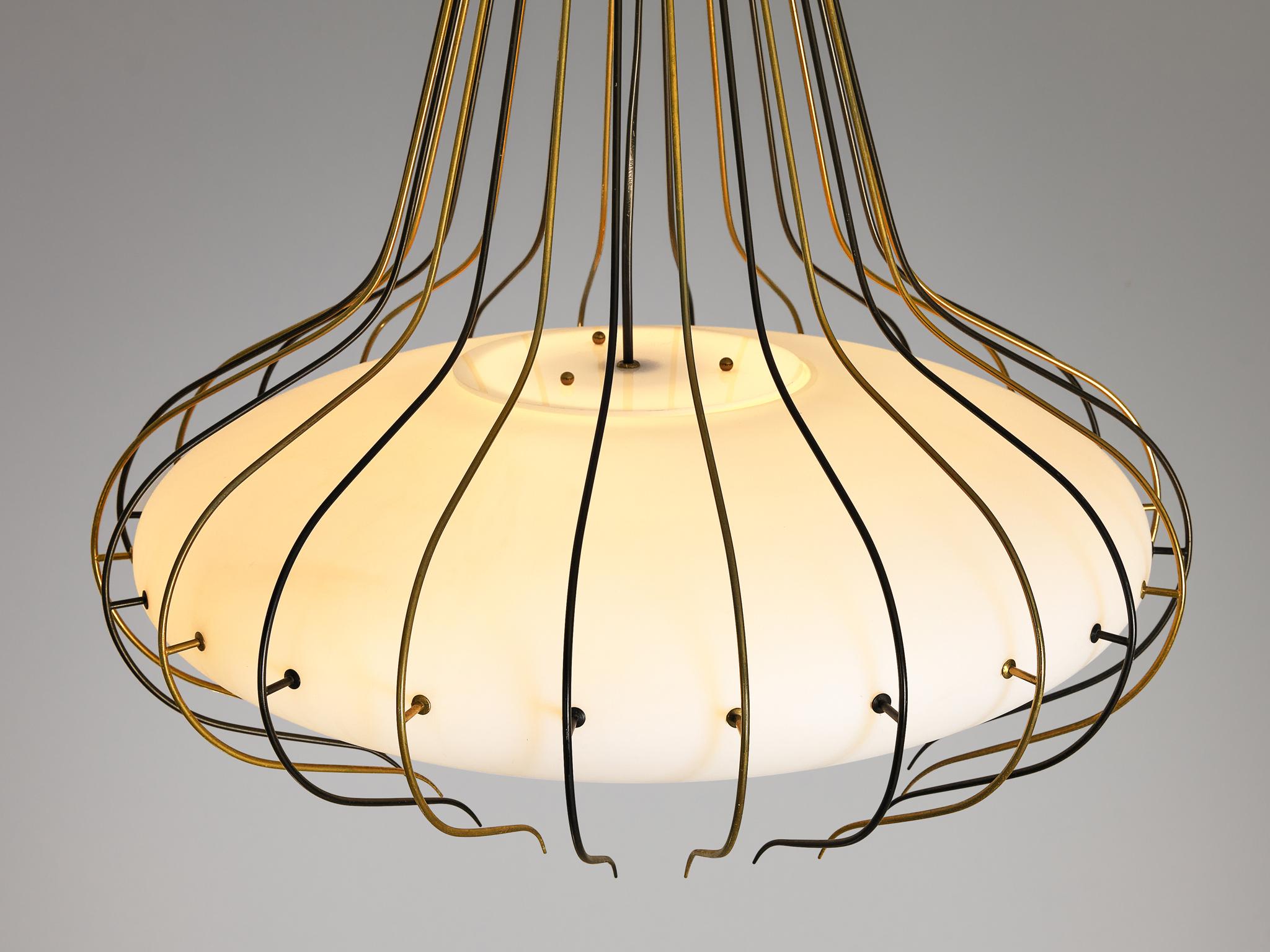Mid-20th Century Angelo Lelii for Arredoluce 'Medusa' Chandelier in Brass and Opal Glass  For Sale