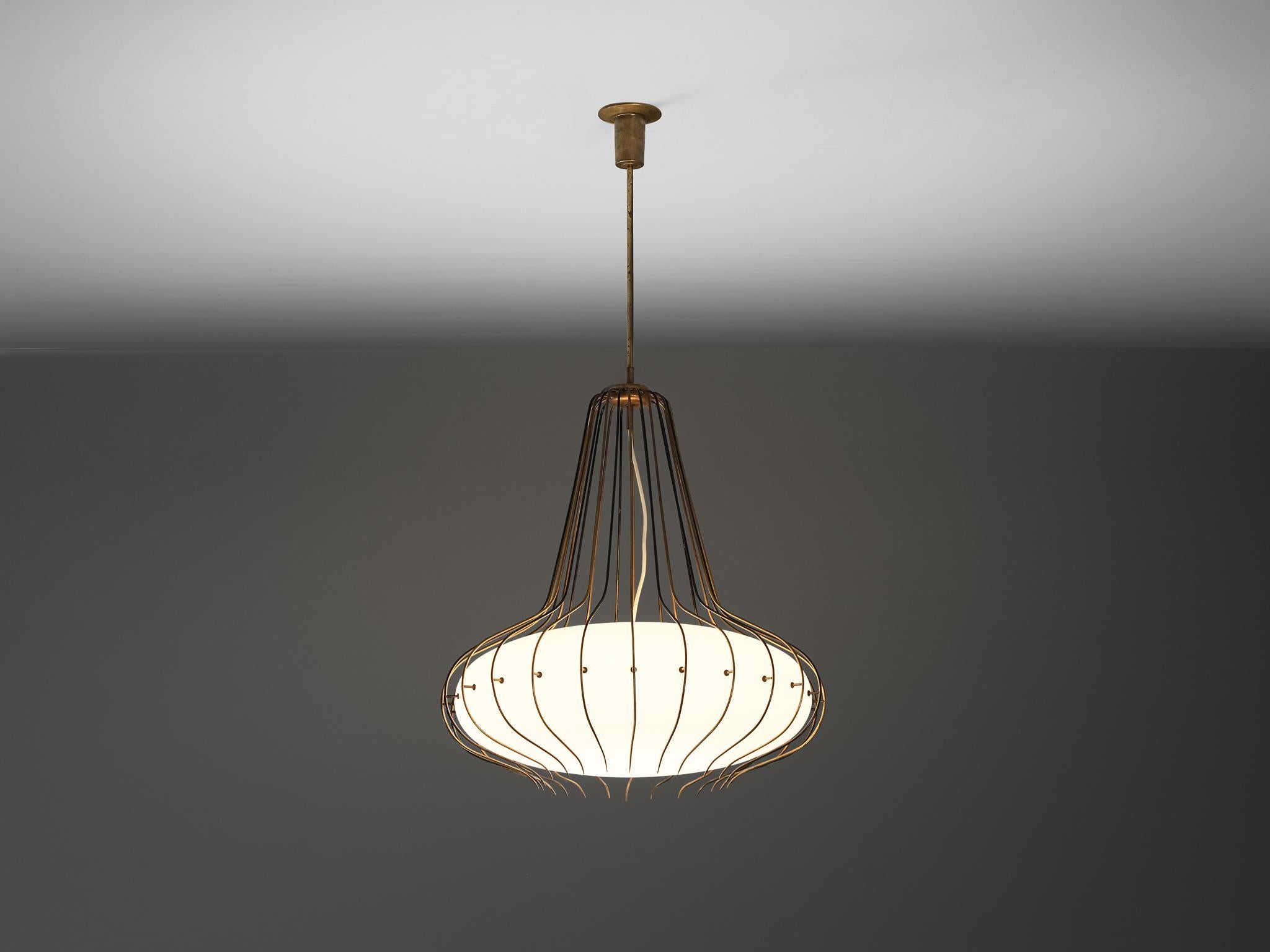 Angelo Lelii for Arredoluce 'Medusa' chandelier, model '12699', coated polished brass, polished brass, duplex white opal glass, Italy, circa 1958 

This rare ceiling light, designed by Angelo Lelii for Arredoluce in Italy around 1958, is a true