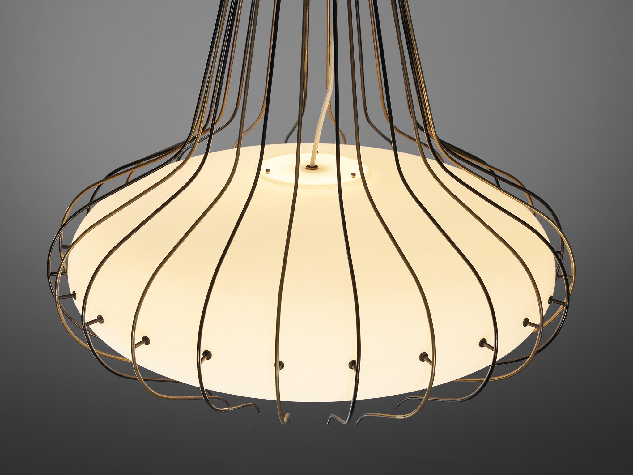 Italiano Angelo Lelii for Arredoluce 'Medusa' Chandelier in Brass and White Opal Glass in vendita