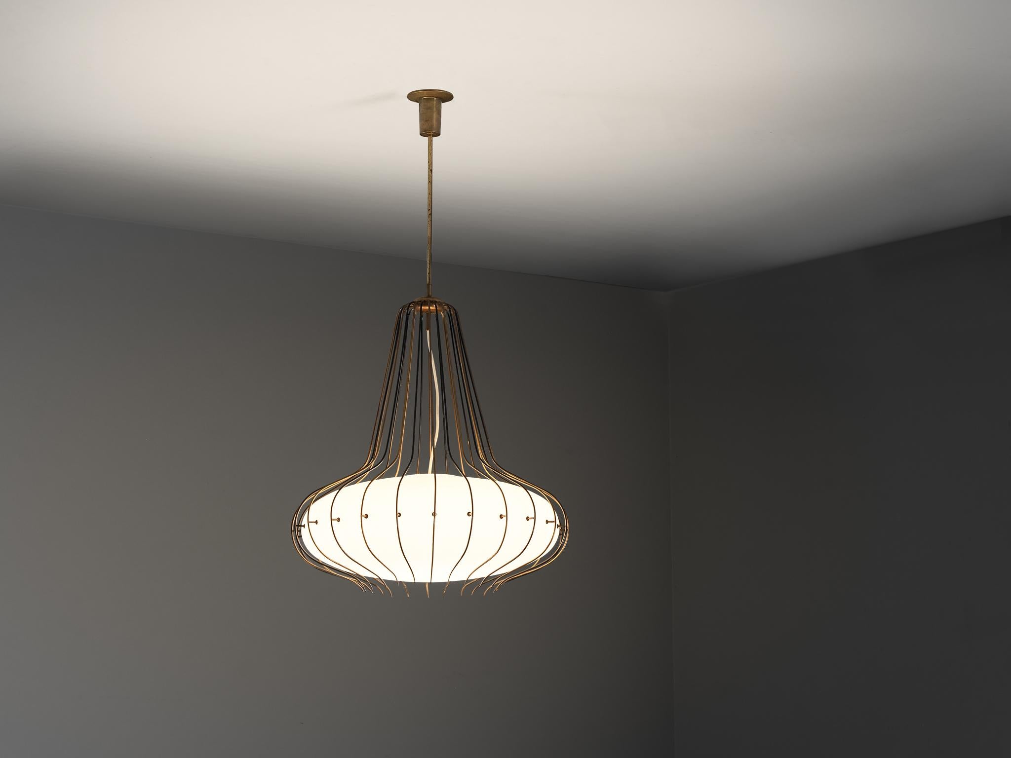 Metà XX secolo Angelo Lelii for Arredoluce 'Medusa' Chandelier in Brass and White Opal Glass in vendita