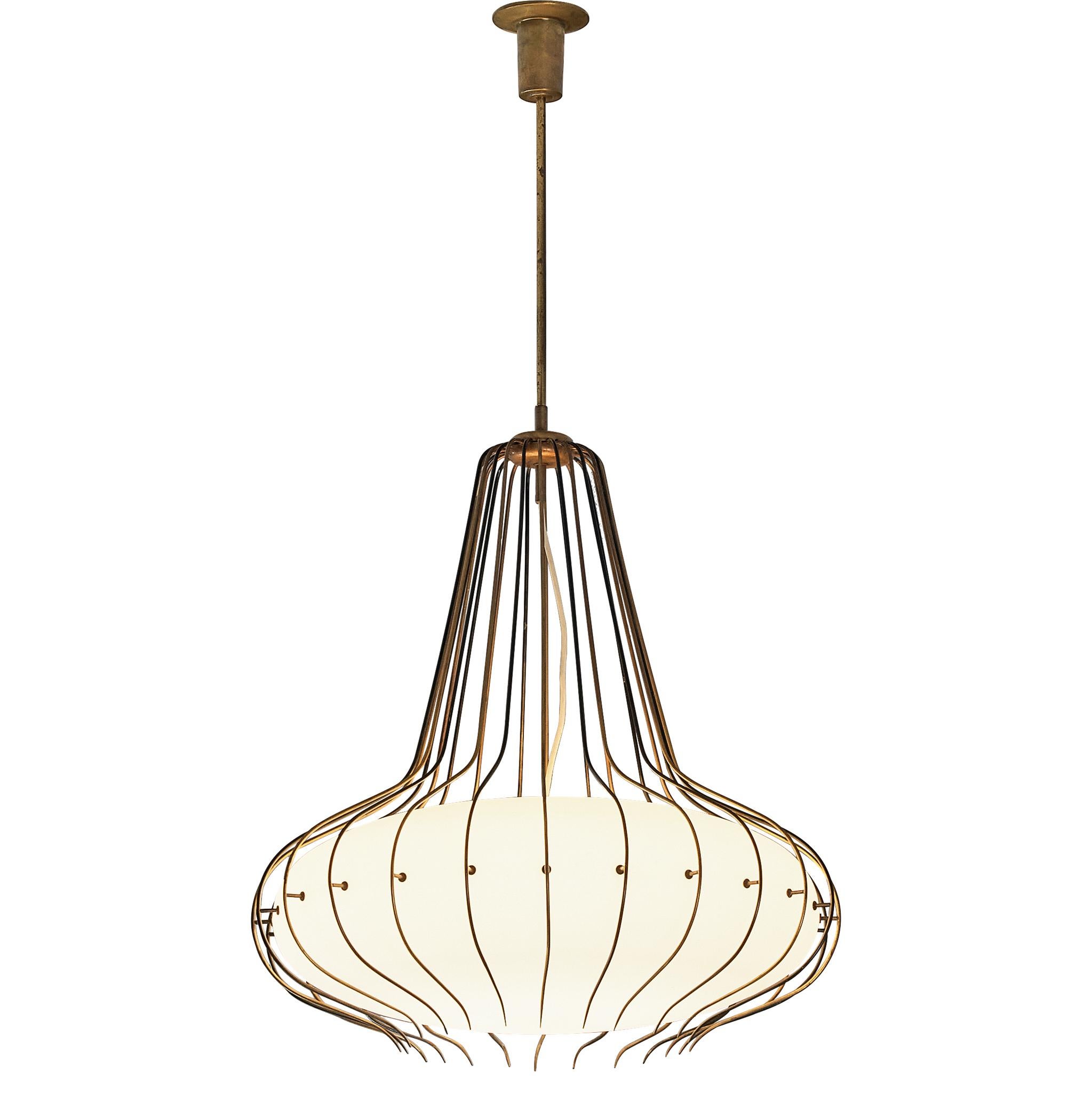 Angelo Lelii for Arredoluce 'Medusa' Chandelier in Brass and White Opal Glass