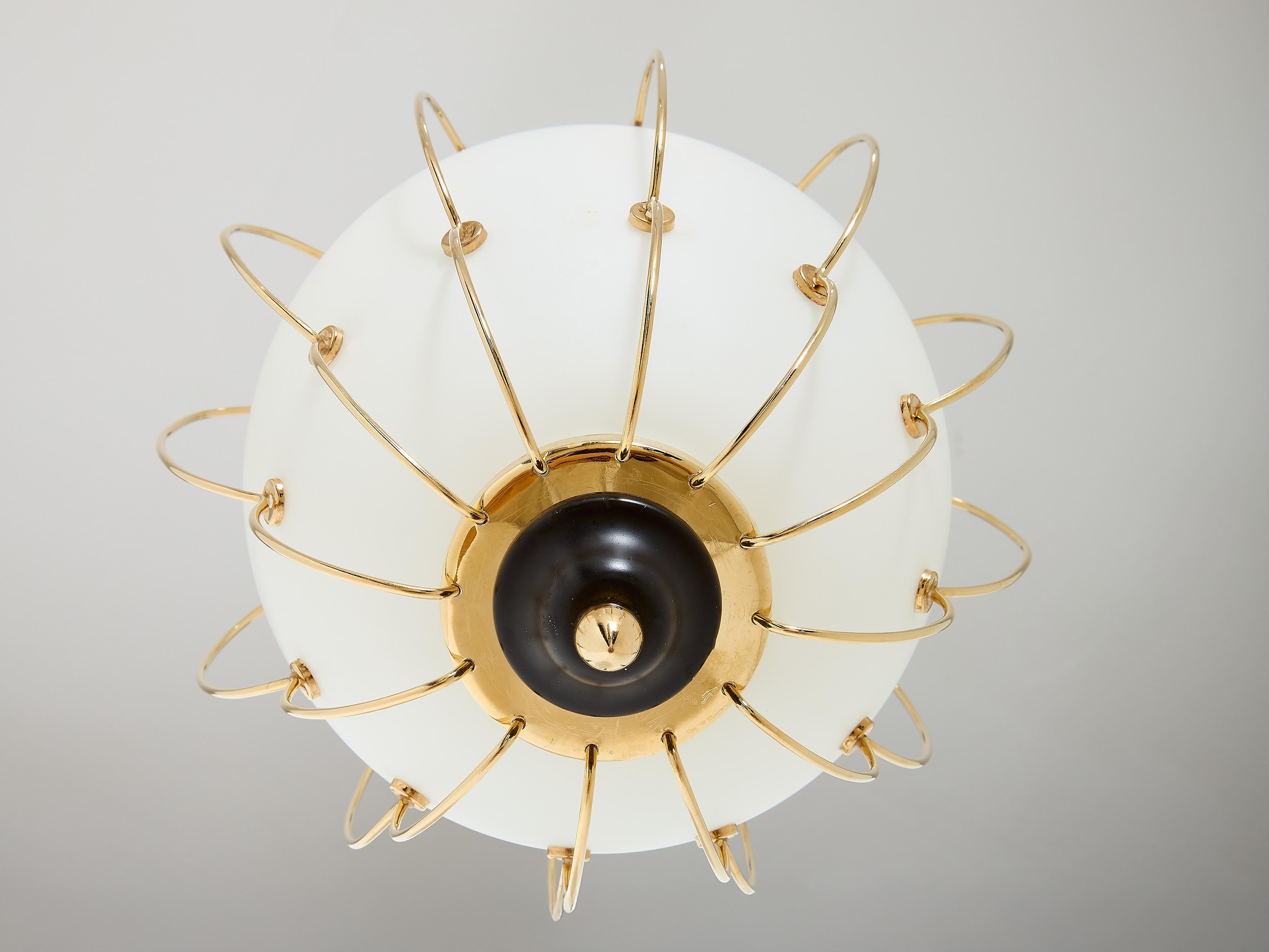 Angelo Lelii for Arredoluce opaline glass brass metal chandelier 1958 For Sale 3