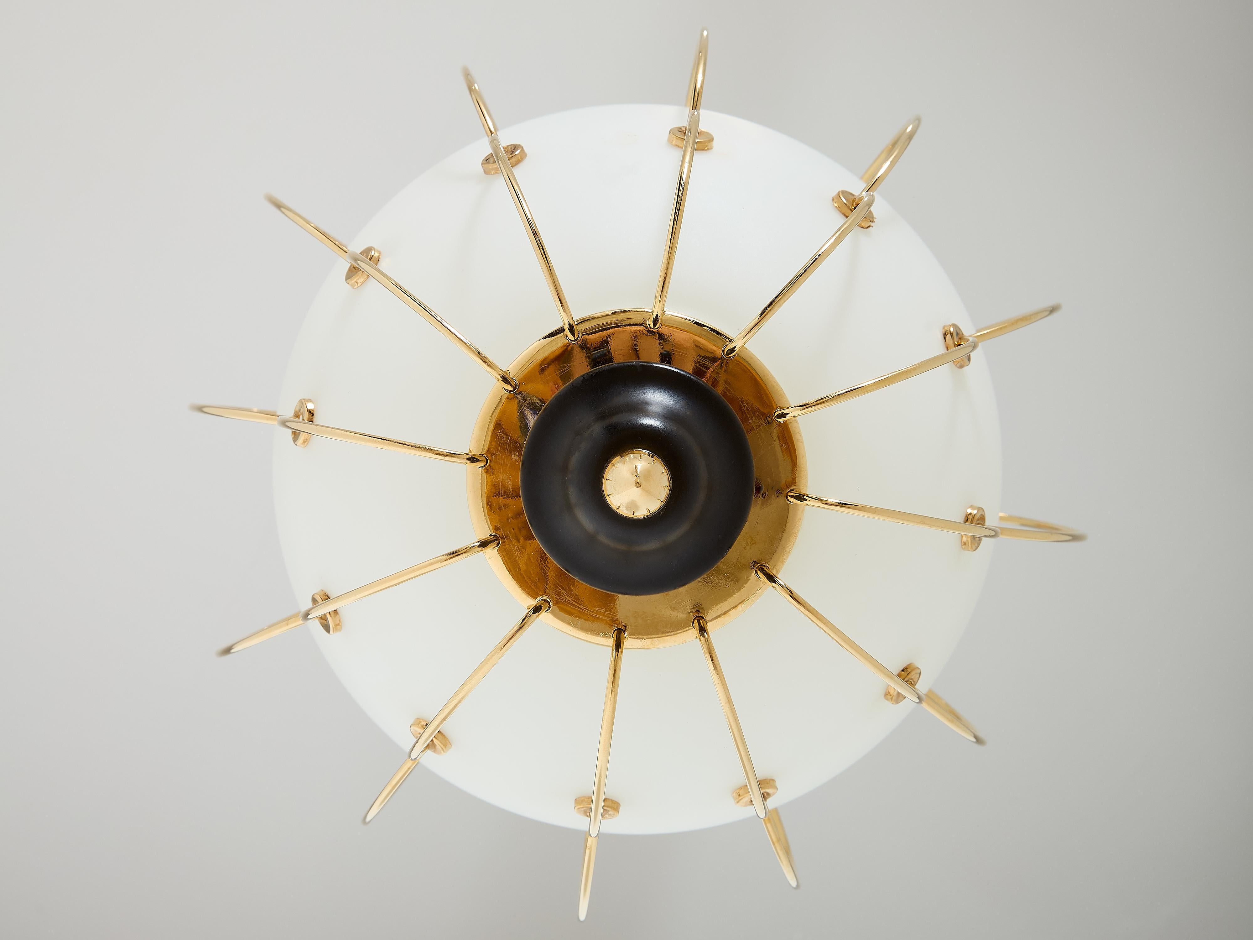 Angelo Lelii for Arredoluce opaline glass brass metal chandelier 1958 For Sale 4