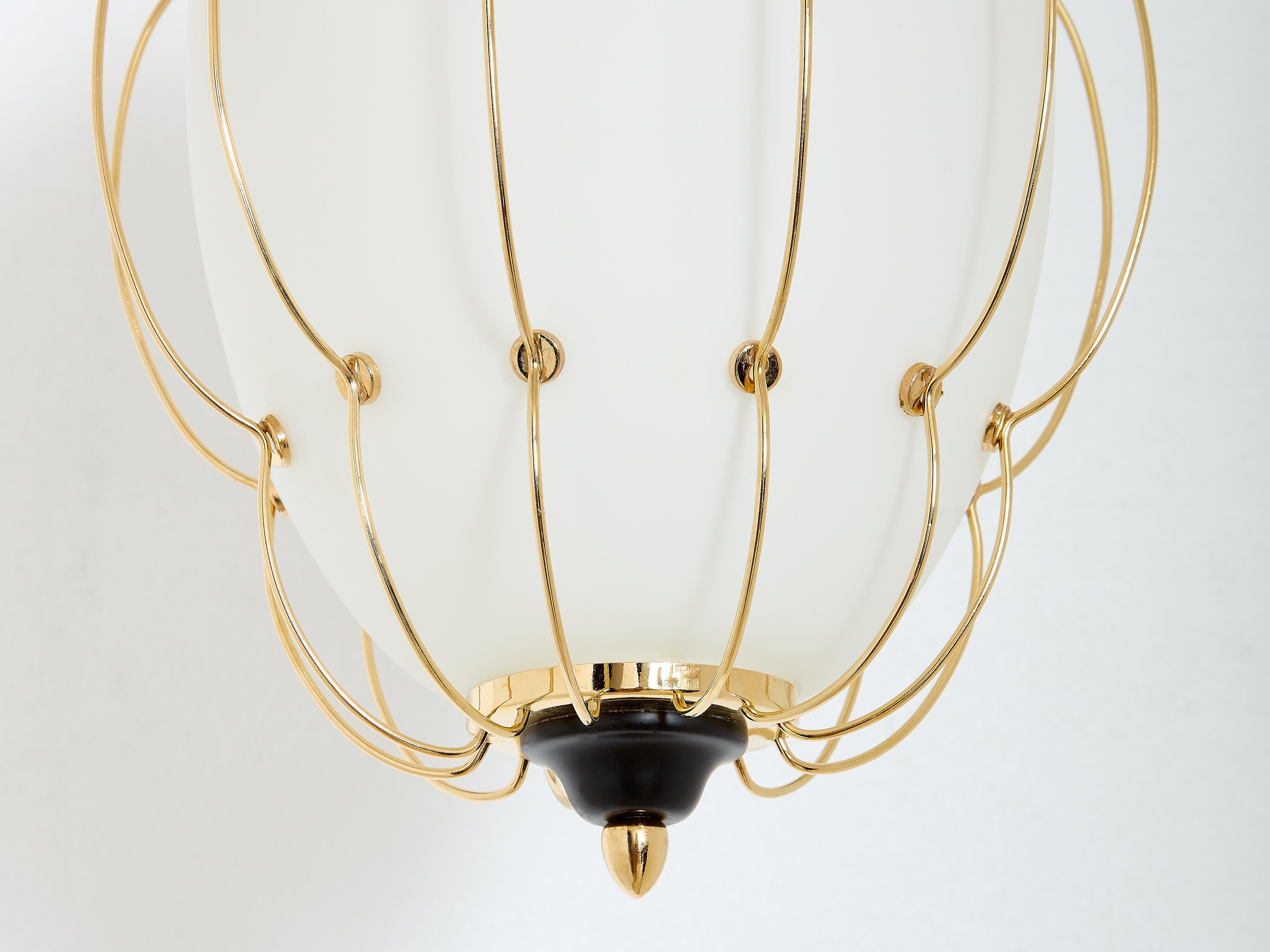 Italian Angelo Lelii for Arredoluce opaline glass brass metal chandelier 1958 For Sale