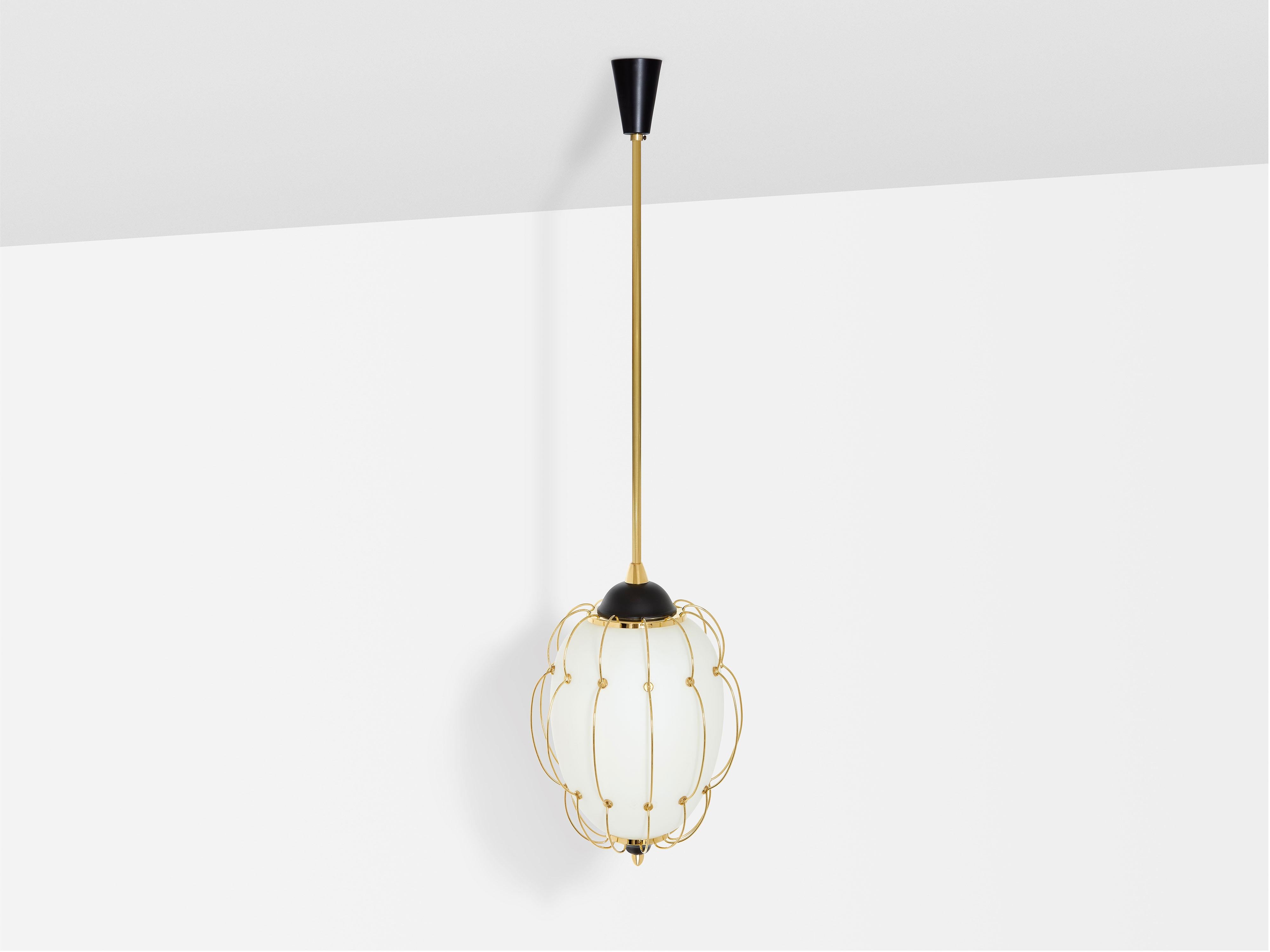 Mid-20th Century Angelo Lelii for Arredoluce opaline glass brass metal chandelier 1958 For Sale