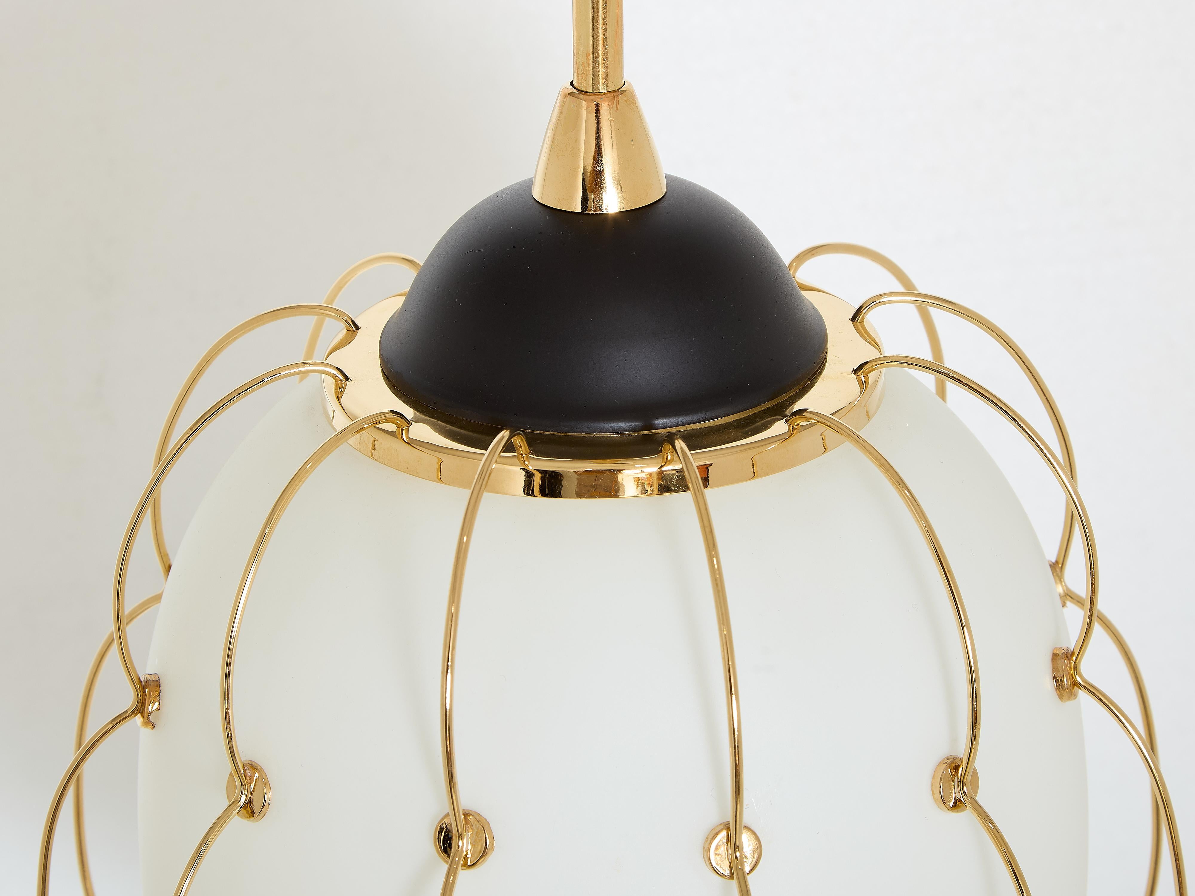 Brass Angelo Lelii for Arredoluce opaline glass brass metal chandelier 1958 For Sale