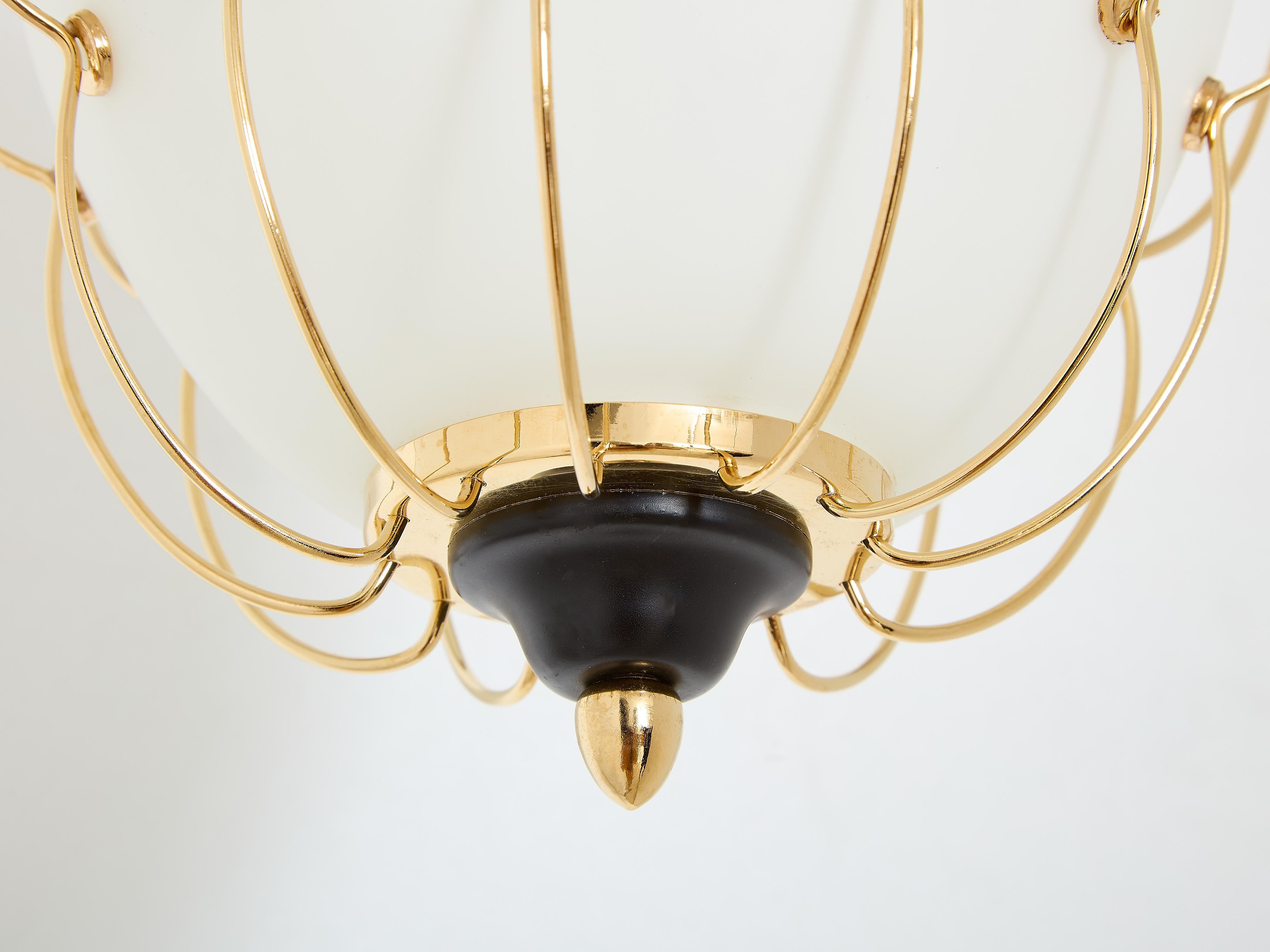 Angelo Lelii for Arredoluce opaline glass brass metal chandelier 1958 For Sale 1