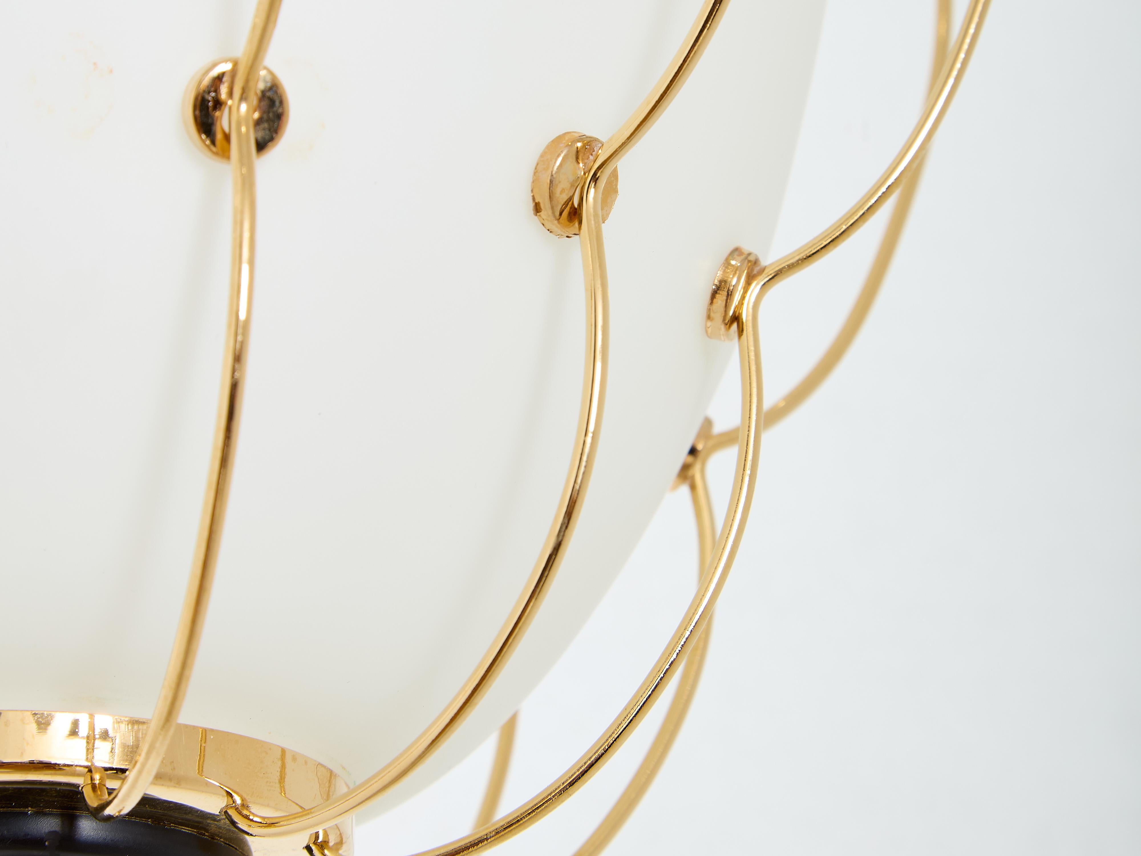 Angelo Lelii for Arredoluce opaline glass brass metal chandelier 1958 For Sale 2