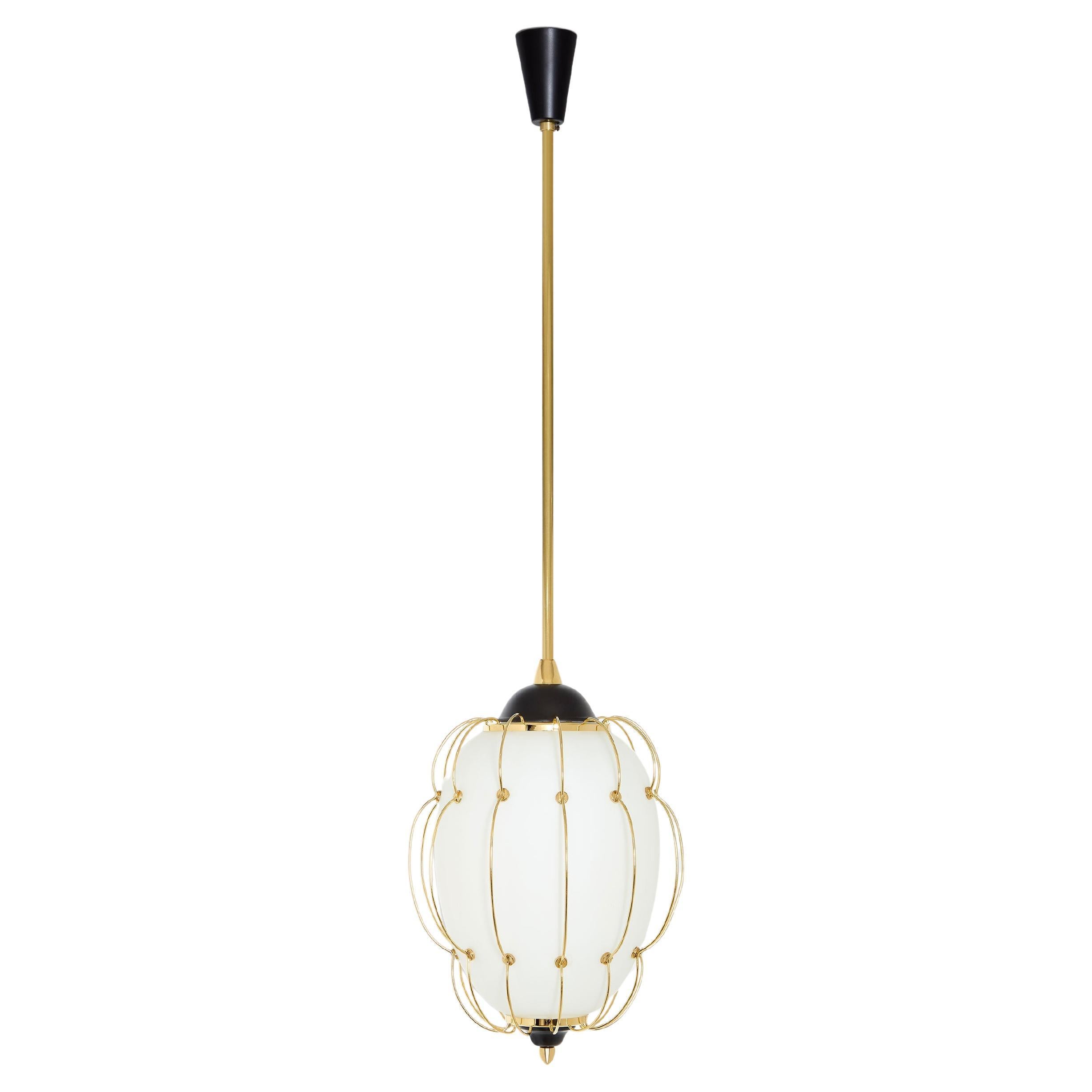 Angelo Lelii for Arredoluce opaline glass brass metal chandelier 1958